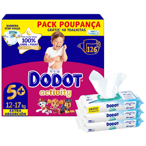 Conjunto Fraldas Activity 12-17kg T5+ e Toalhitas Bebé Aqua Pure Dodot