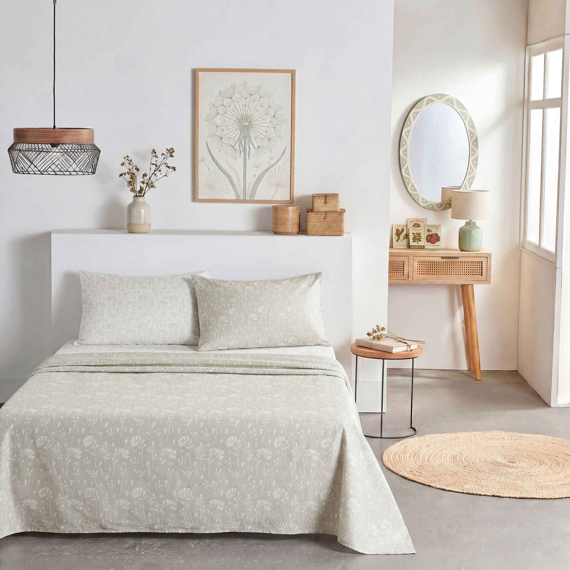 Conjunto Len&ccedil;&oacute;is Algod&atilde;o Flores Bege e Verde Kasa