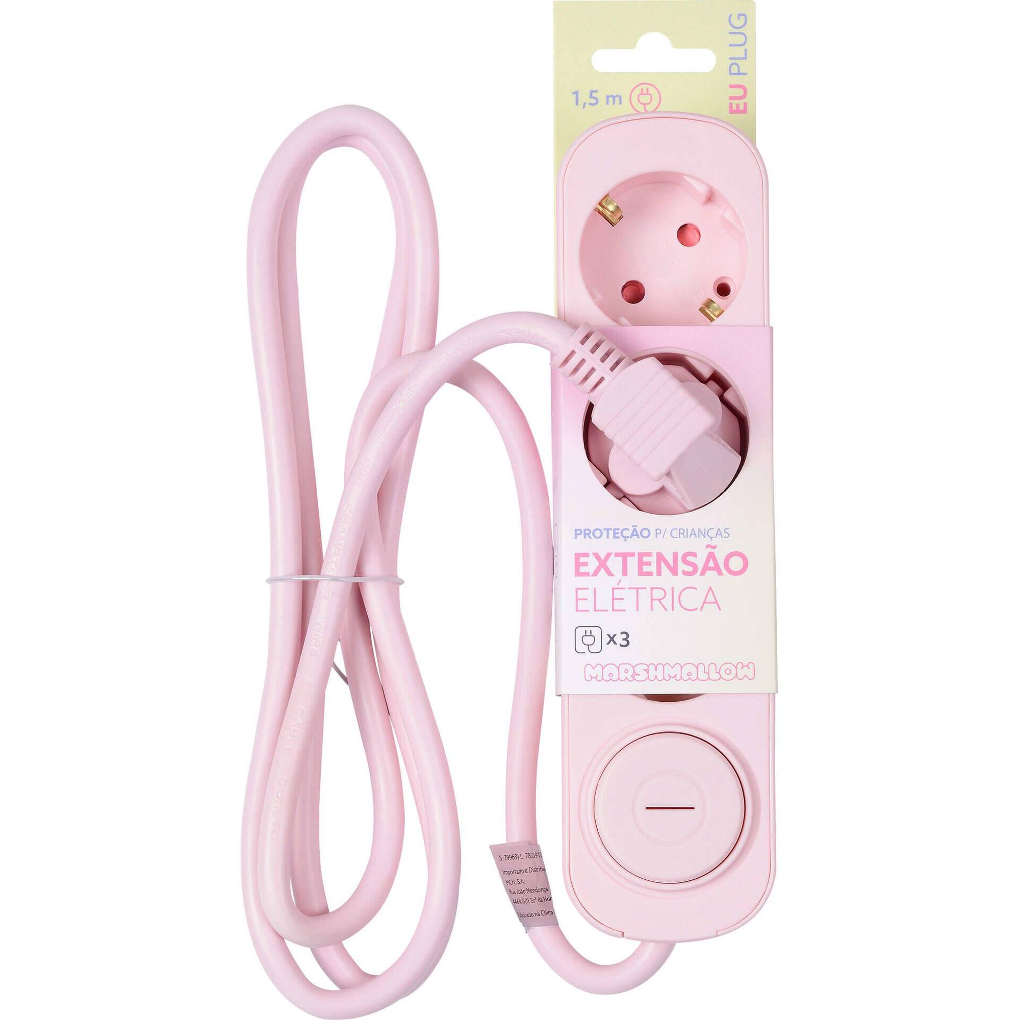 Bloco 3 Tomadas com Interruptor 1,5m Rosa Marshmallow
