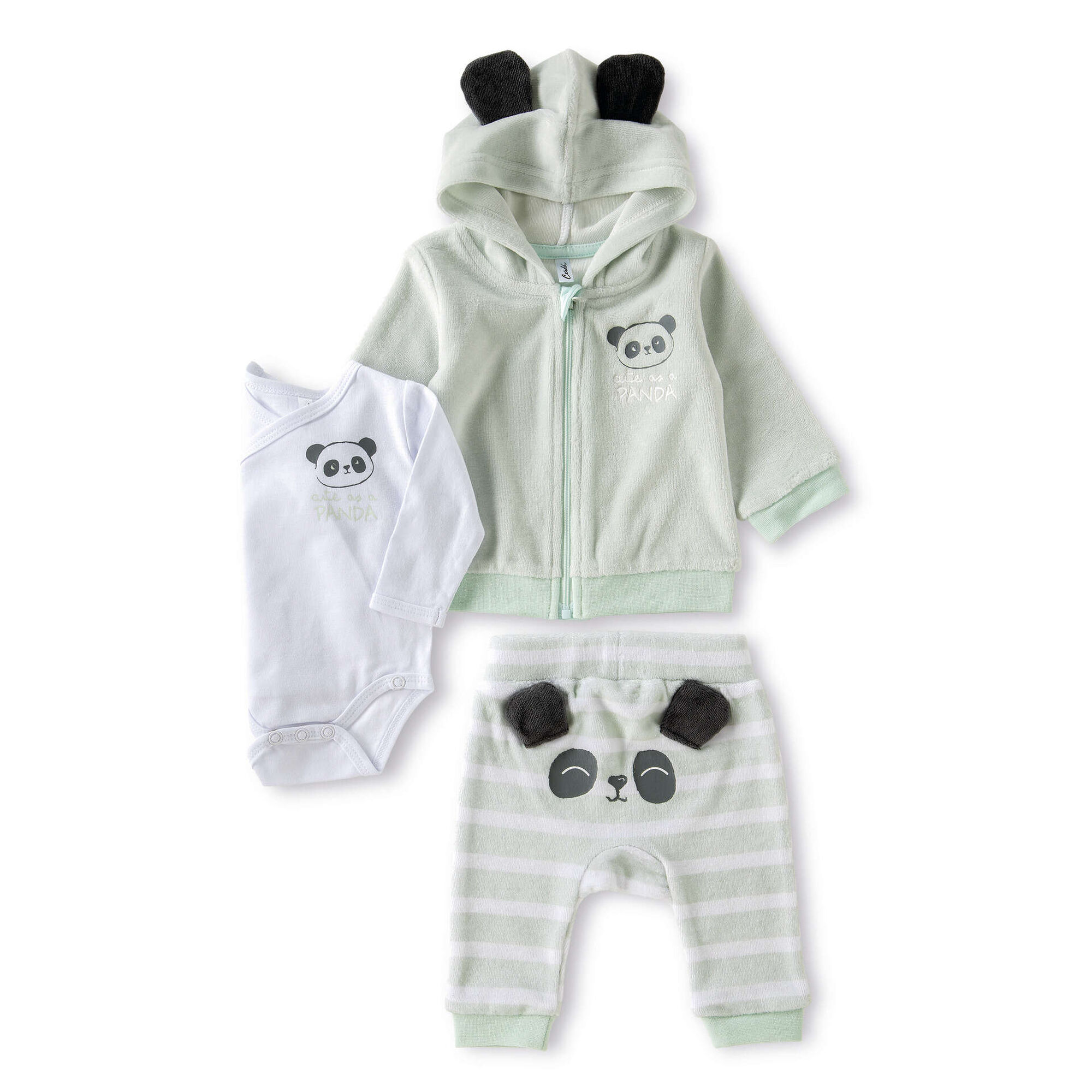 Conjunto Body, Calças e Casaco com Capuz Panda 3-6 Meses Verde Conjunto Body, Calças e Casaco com Capuz Panda 3-6 Meses Verde