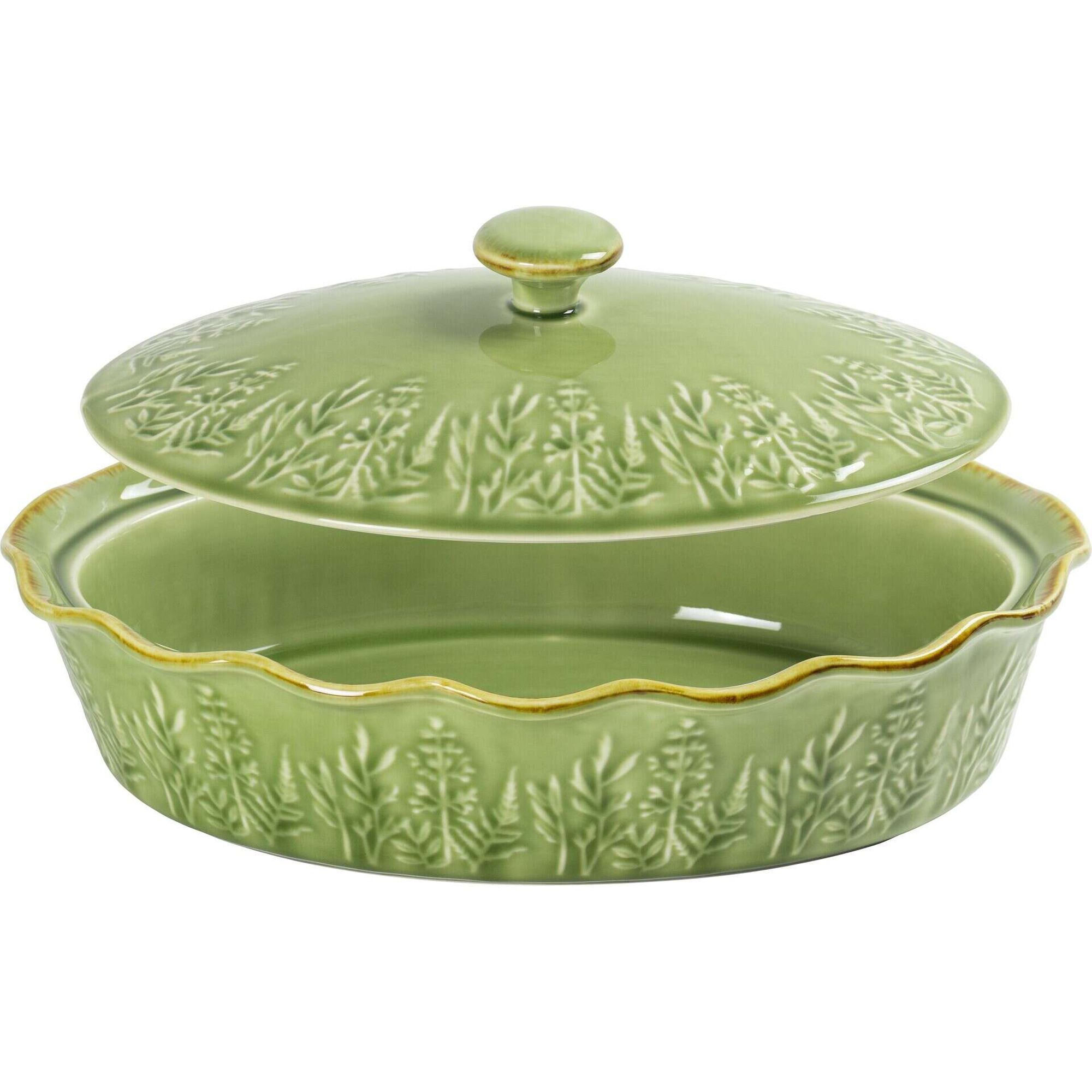 Assadeira Oval com Tampa Folhas Verde Claro Kasa