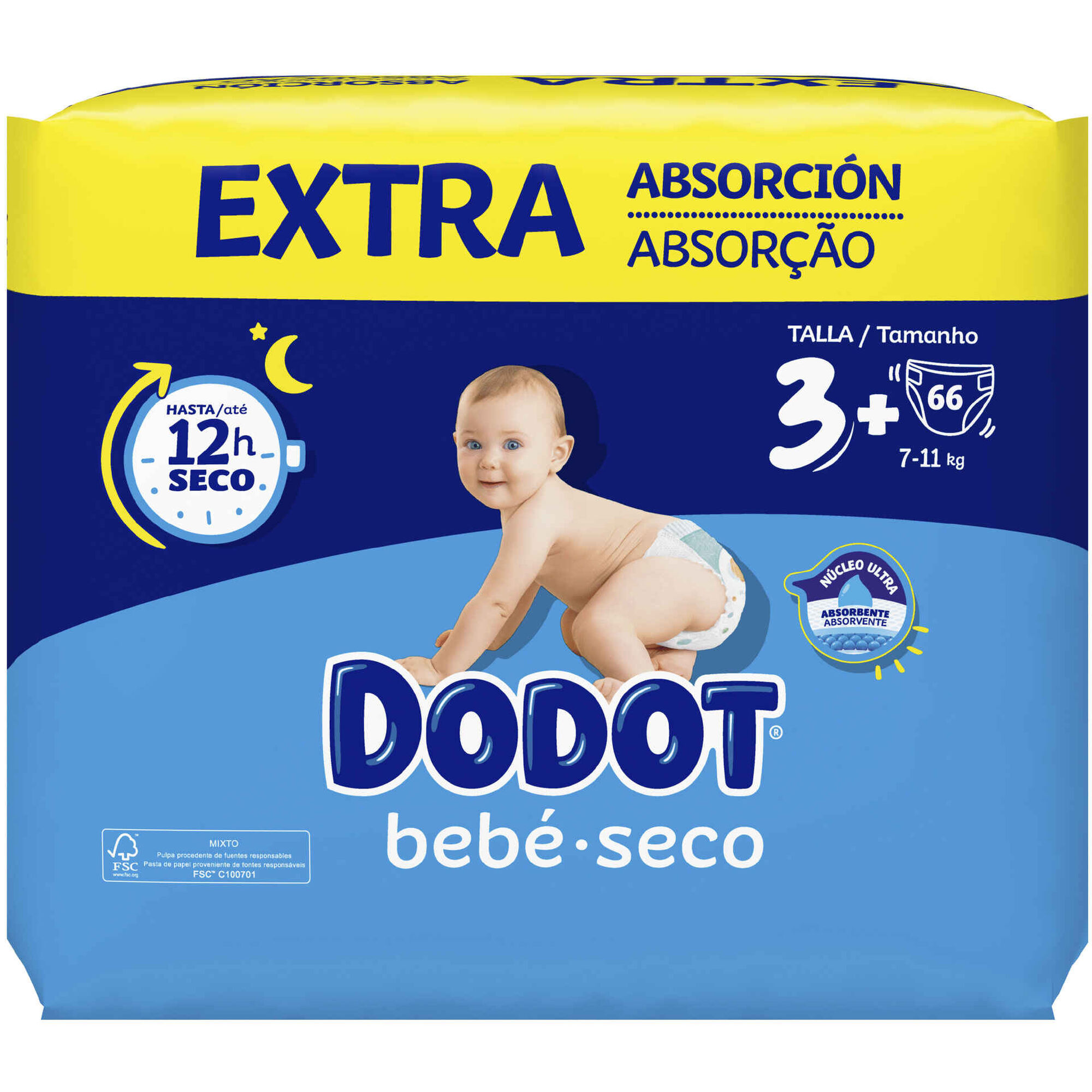 Fraldas Bebé Seco Extra 7-11kg T3+ - emb. 66 un - Dodot