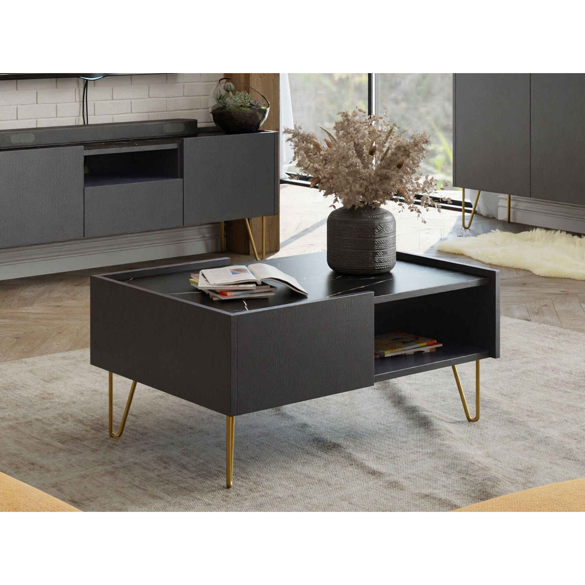 Mesa de centro com pés dourados 97x65x45cm Preto Marine Mesa de centro com pés dourados 97x65x45cm Preto Marine