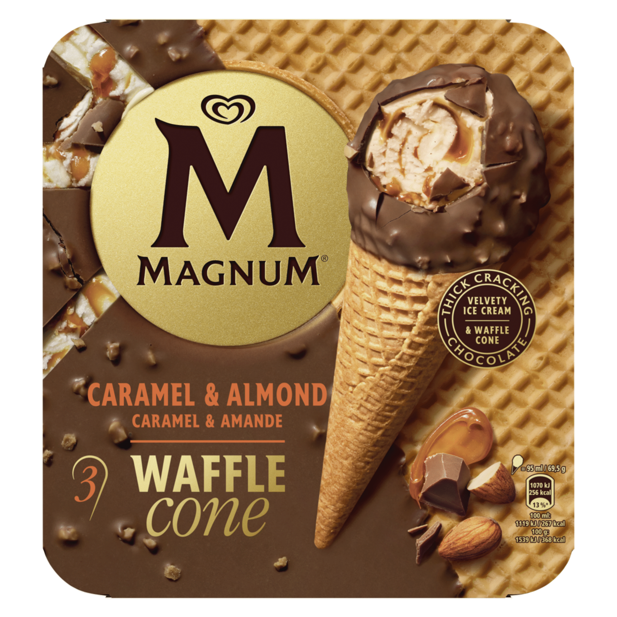 Gelado Waffle Cone Caramelo e Am&ecirc;ndoa Magnum