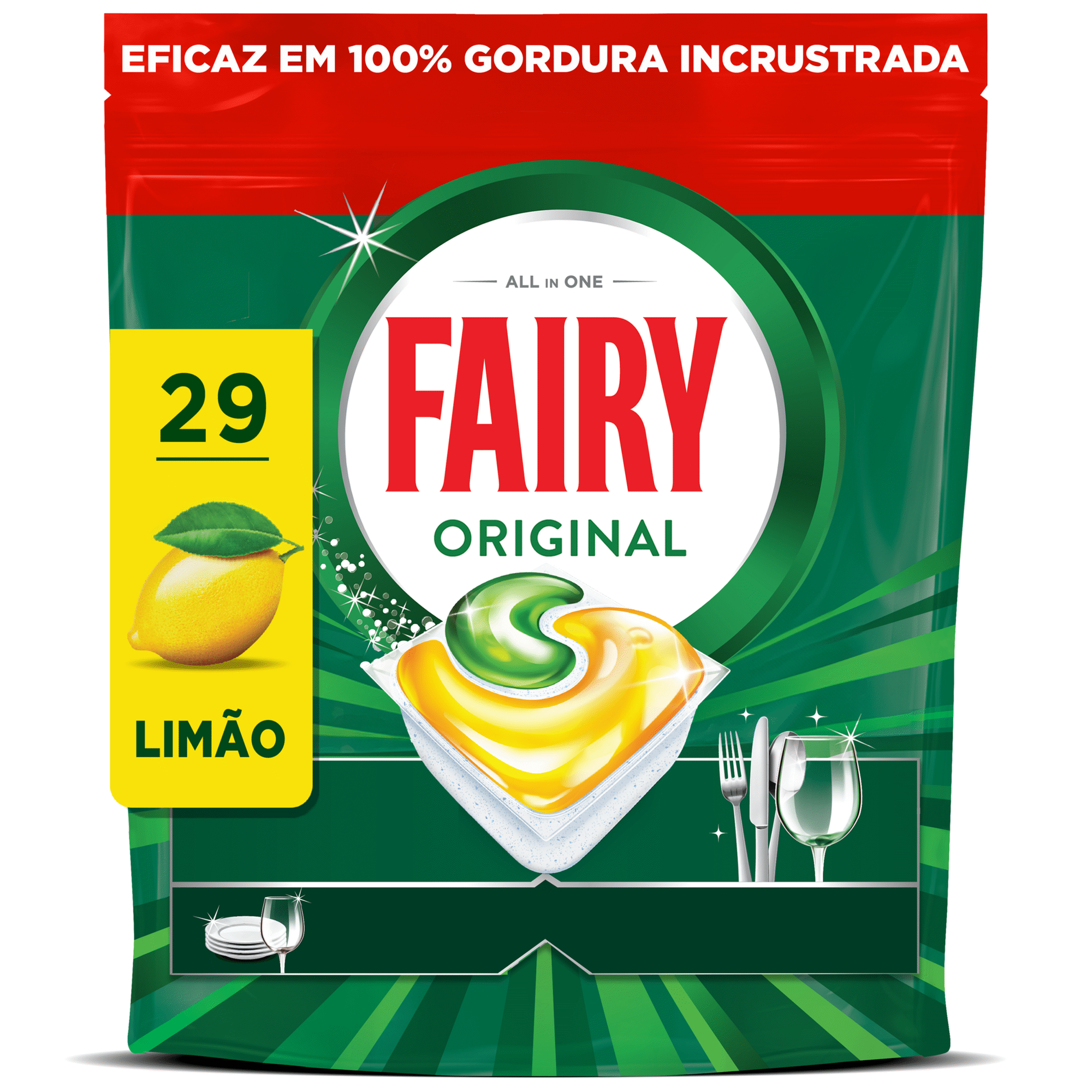 Detergente M&aacute;quina Loi&ccedil;a Pastilhas Tudo em 1 Lim&atilde;o Fairy