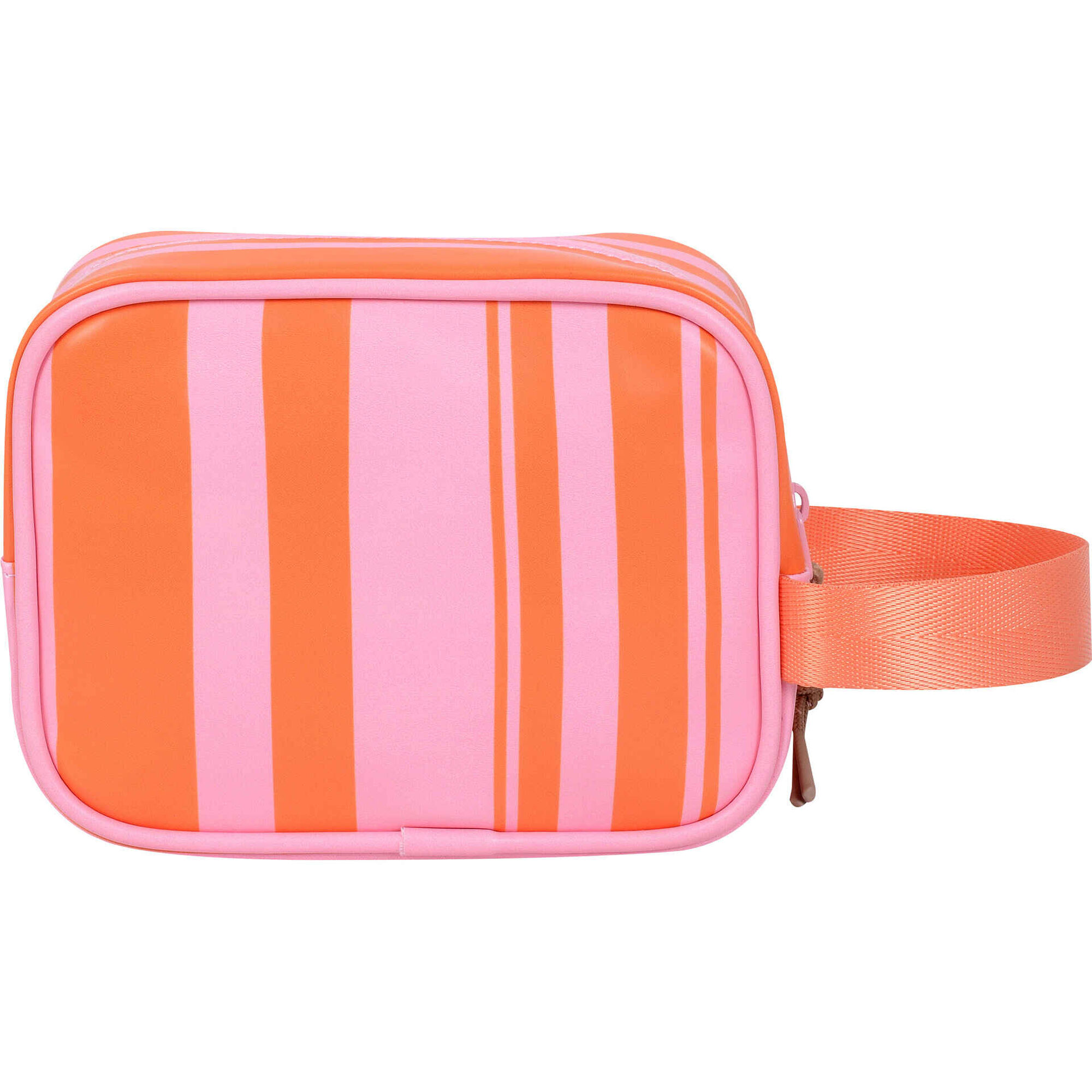 Conjunto Necessaire + 5 Frascos Reutiliz&aacute;veis Riscas Laranja e Rosa Marshmallow