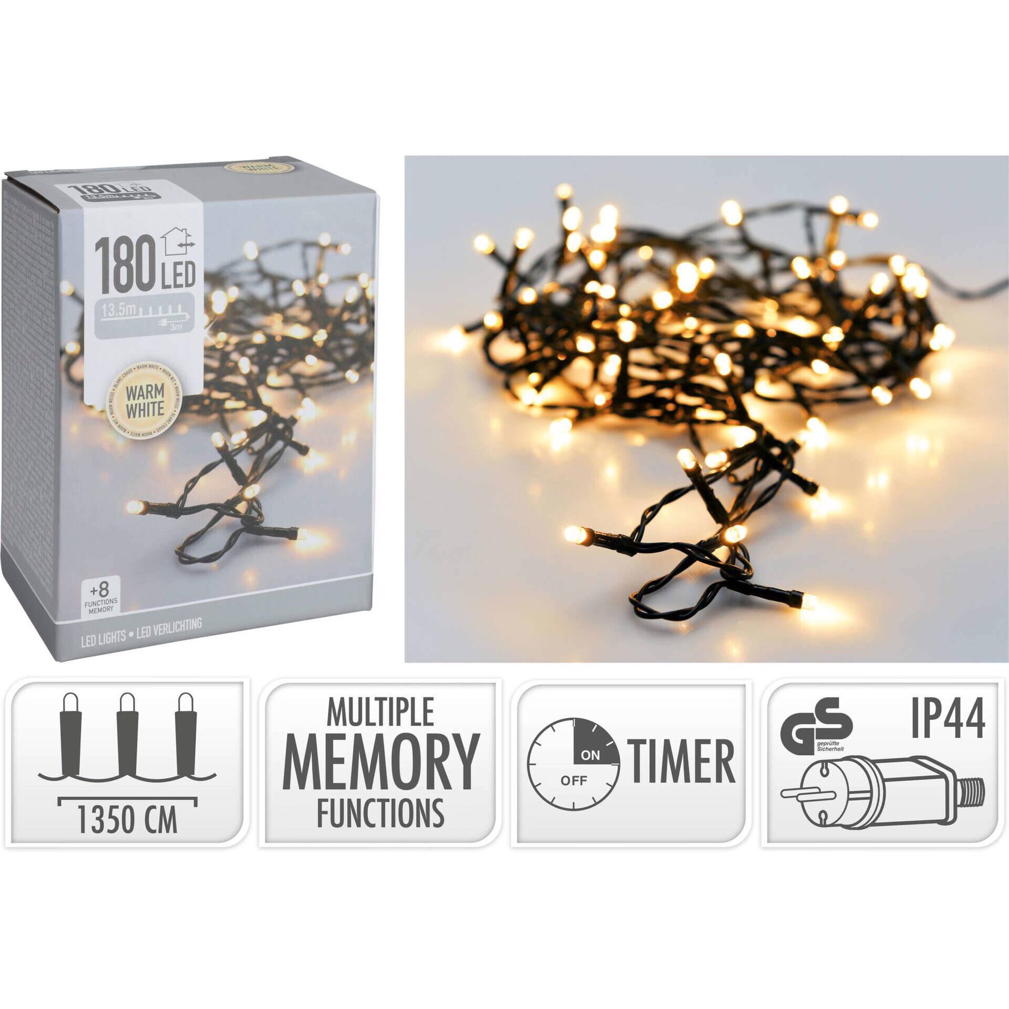 Conjunto 180 Luzes Led Branco Quente 8 Fun&ccedil;&otilde;es