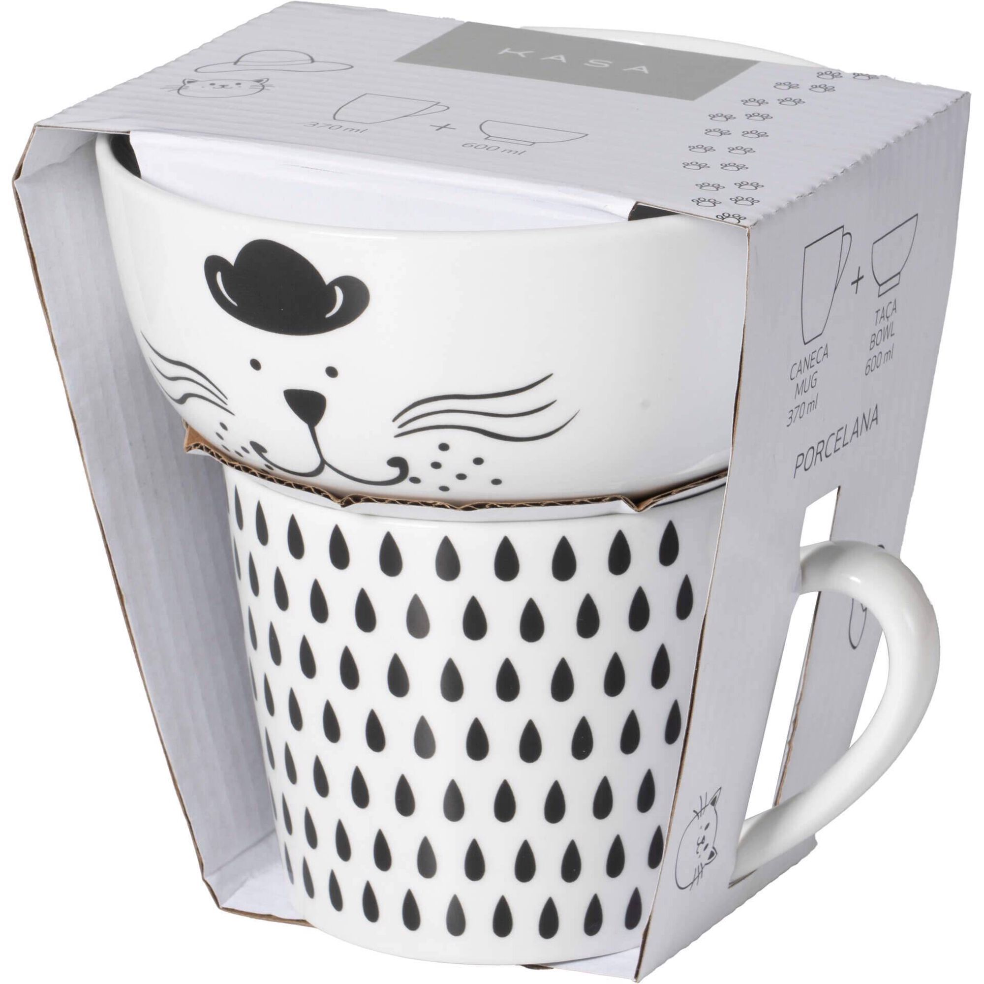 Conjunto Caneca 370ml e Taça 600ml Gato Chapéu