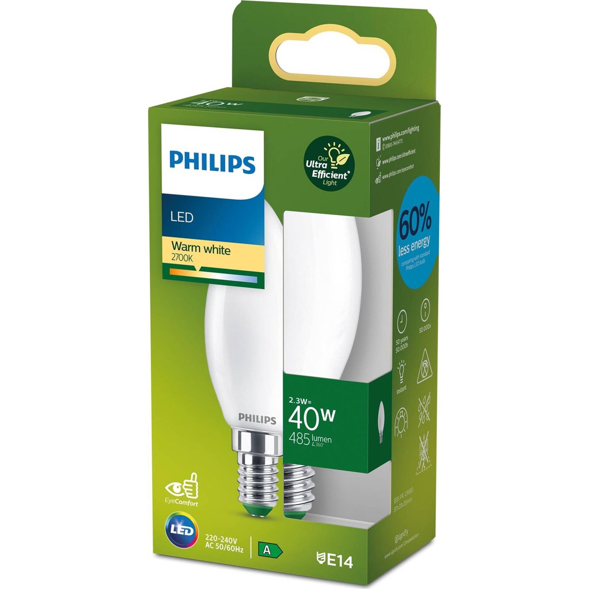 L&acirc;mpada Led Chama E14 UE 2700K 40W Philips