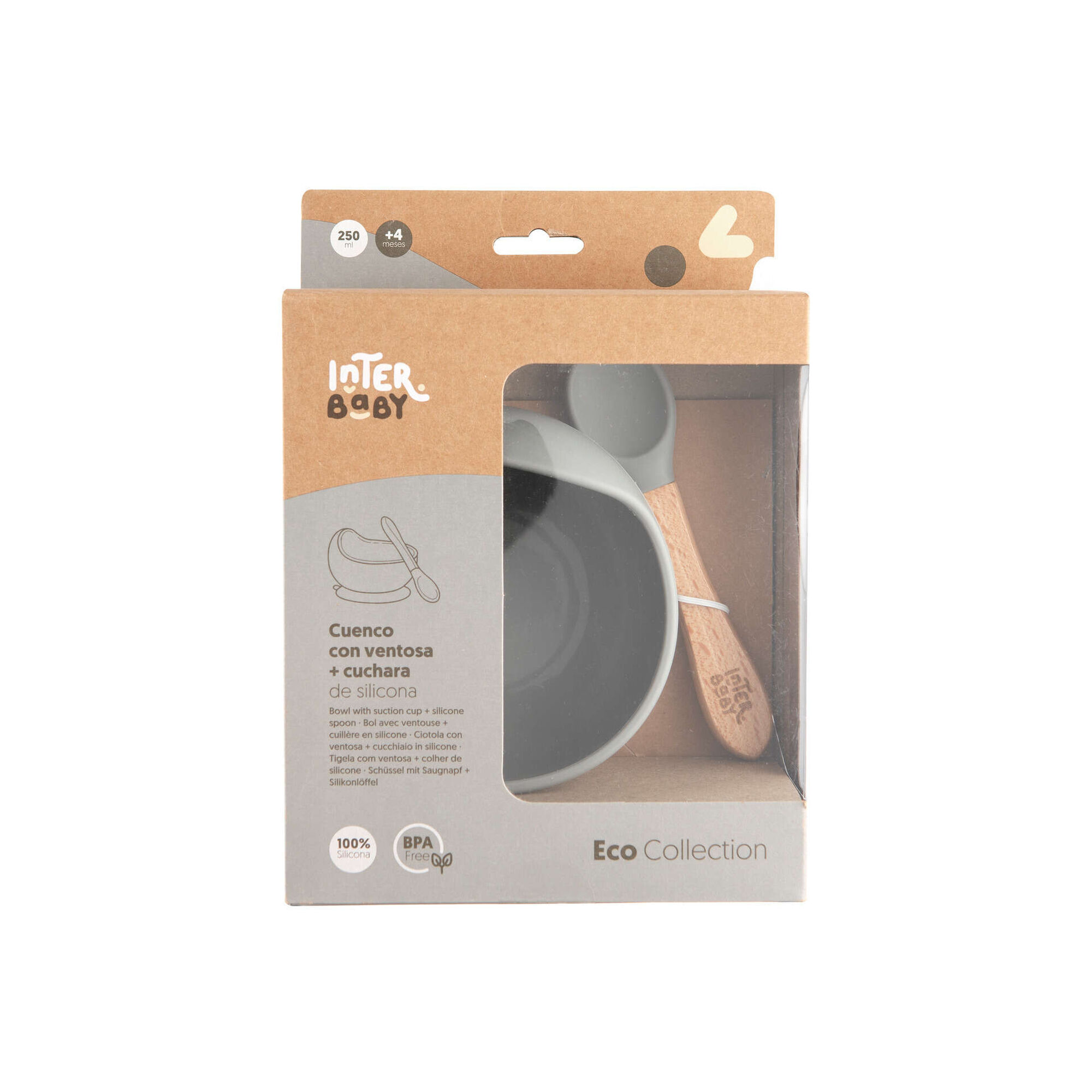 Ta&ccedil;a e Colher Madeira E Silicone Cinza Interbaby