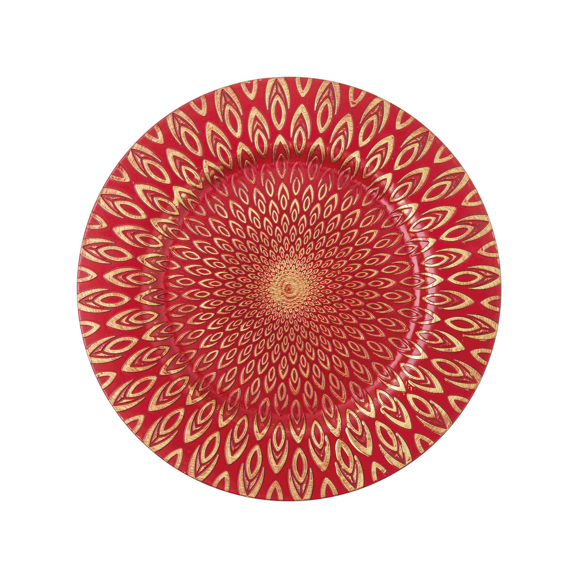 Prato Marcador 33cm Vermelho e Dourado Pavão Prato Marcador 33cm Vermelho e Dourado Pavão