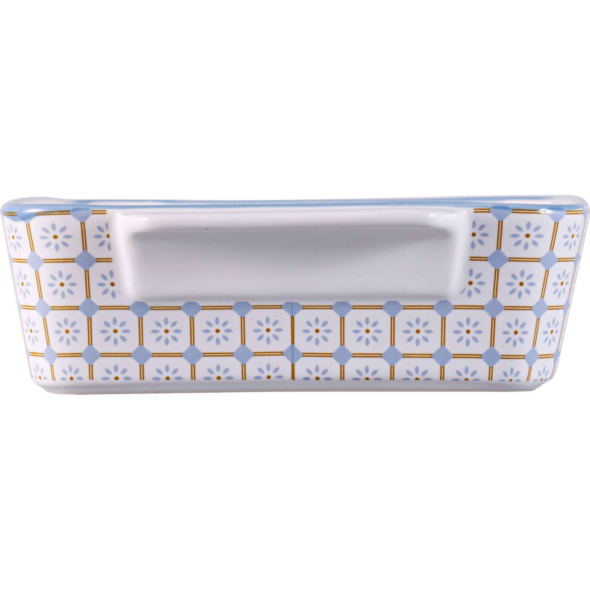 Assadeira Grés 24x14x5cm Branca com Quadrados Azul