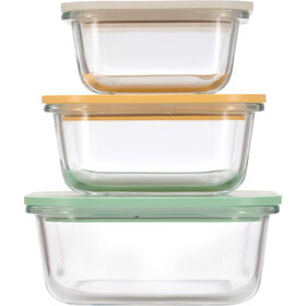 Conjunto de 3 Caixas Herm&eacute;ticas 15,6x15,6cm Vidro Bambu Colors