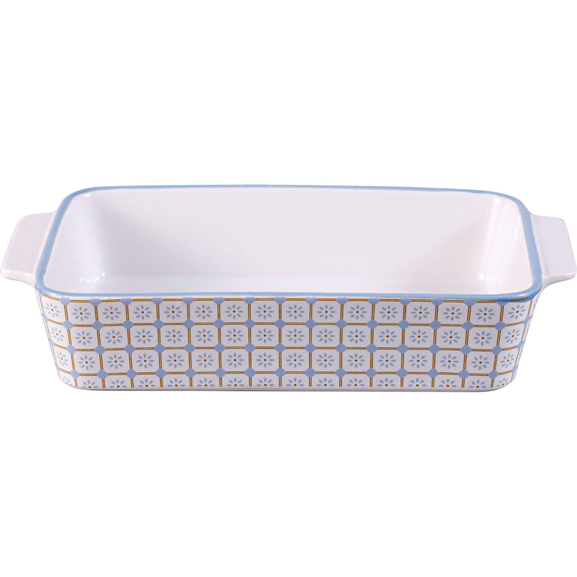 Assadeira Grés 24x14x5cm Branca com Quadrados Azul