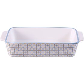 Assadeira Grés 24x14x5cm Branca com Quadrados Azul