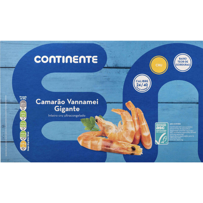 Camarão Vannamei ASC 24/40 Ultracongelado Continente