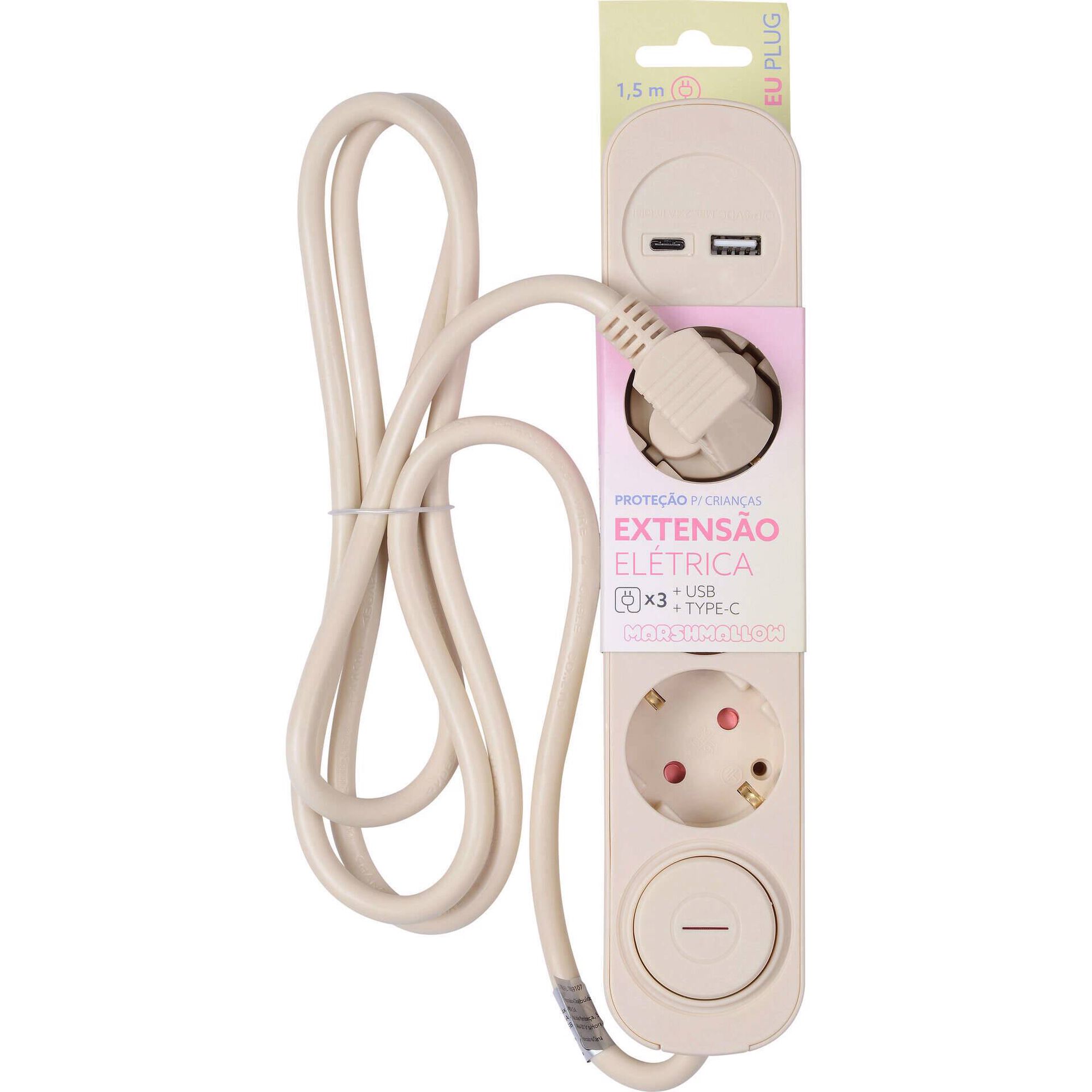 Bloco de 3 Tomadas com Interruptor USB e USB-C 1,5 m Bege Marshmallow