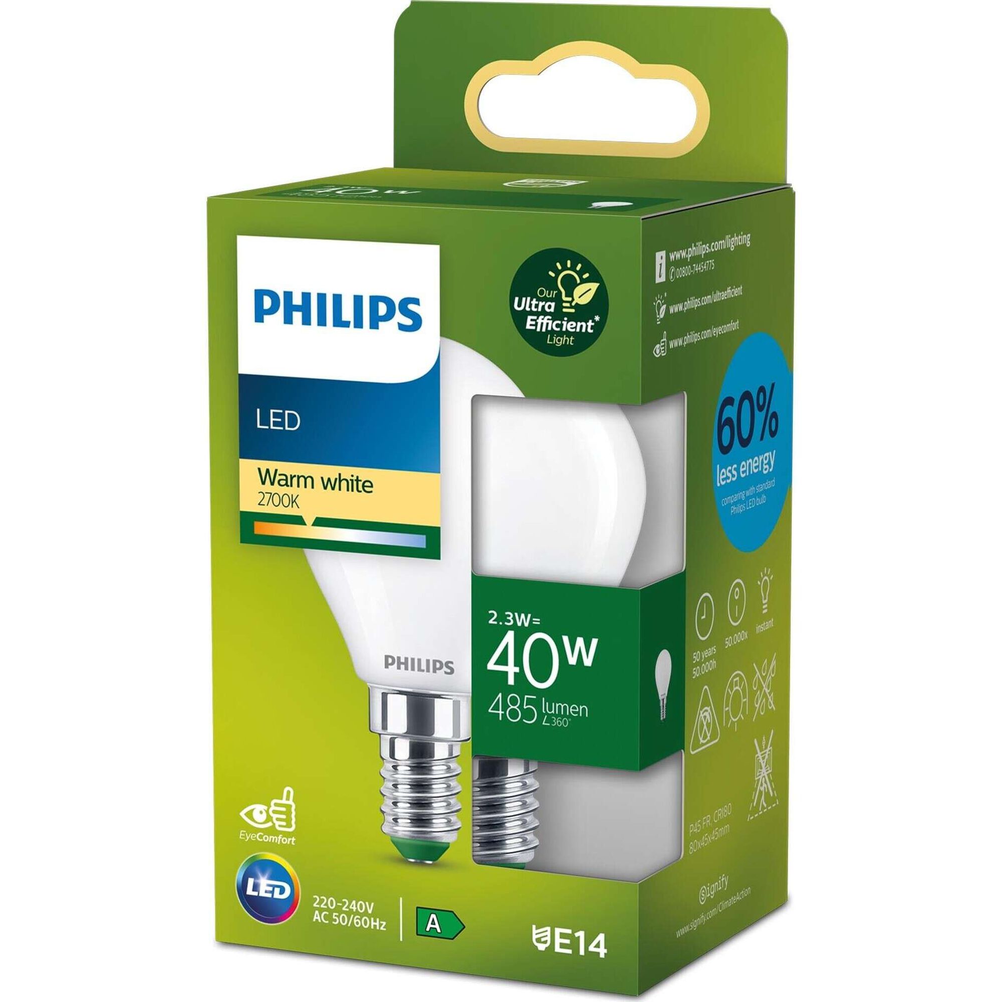 L&acirc;mpada Led Esf&eacute;rica E14 UE 2700K 40W Philips