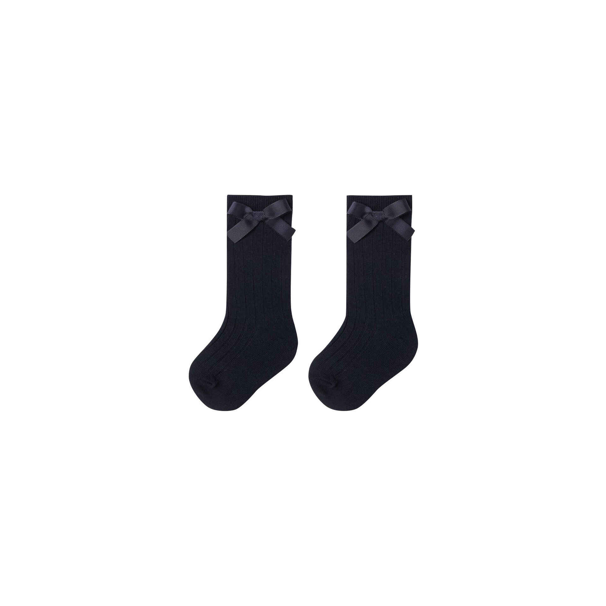 Conjunto 2 Pares Meias Altas Caneladas Laço Bebé Menina Azul Escuro