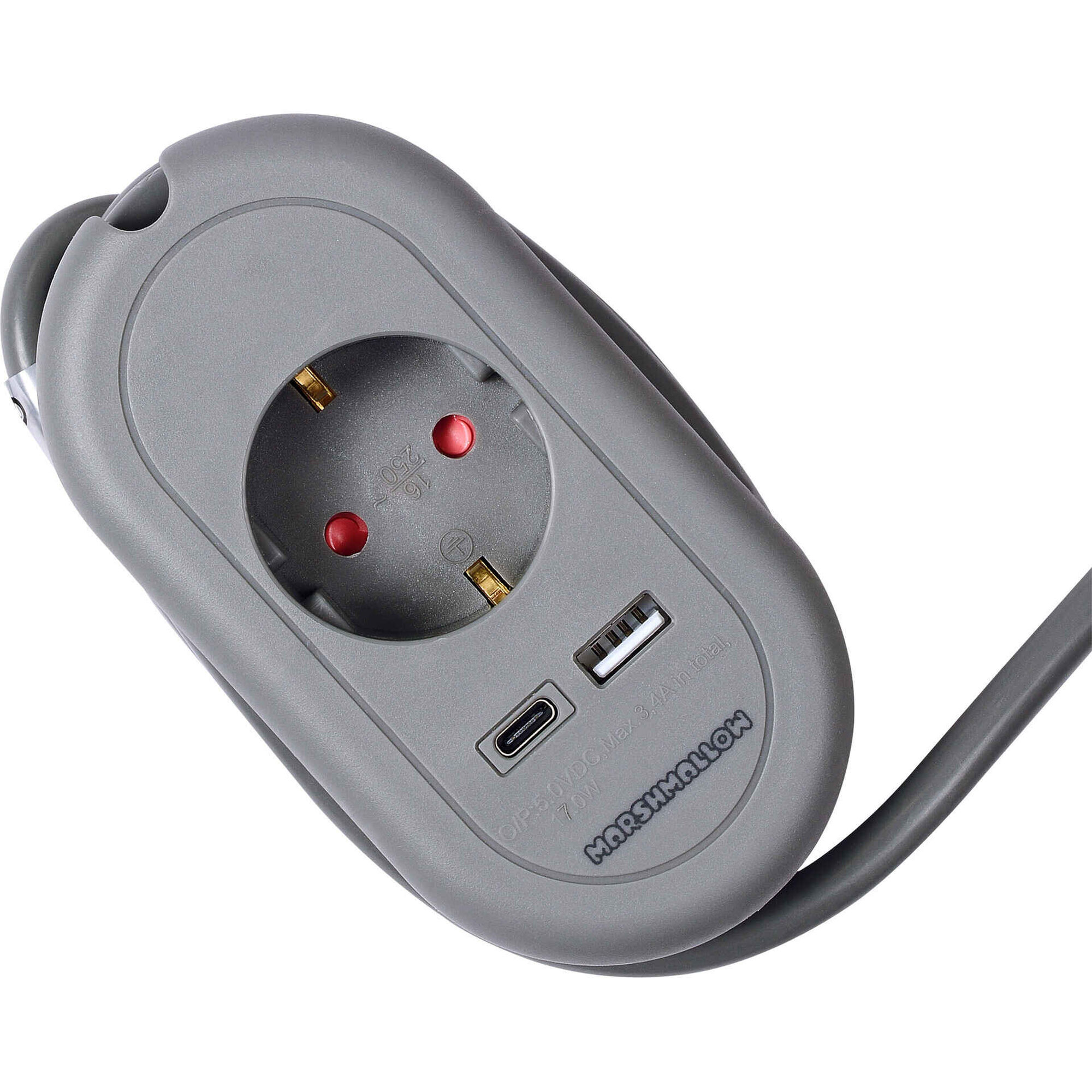 Bloco de Tomadas Travel com USB e USB-C Cinza Marshmallow