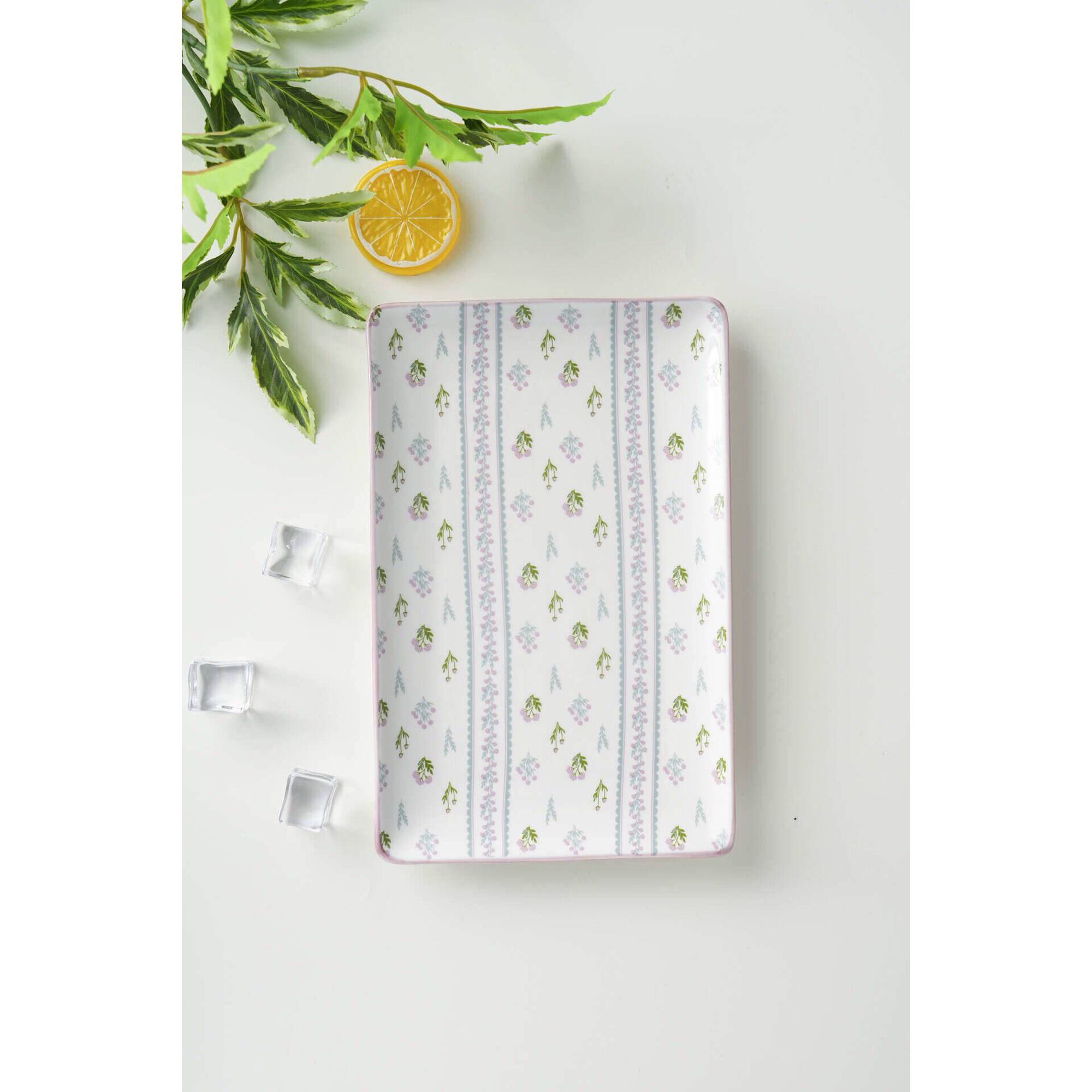 Travessa Retangular 25x16x2,2cm Cru com Flores e Risca Kasa