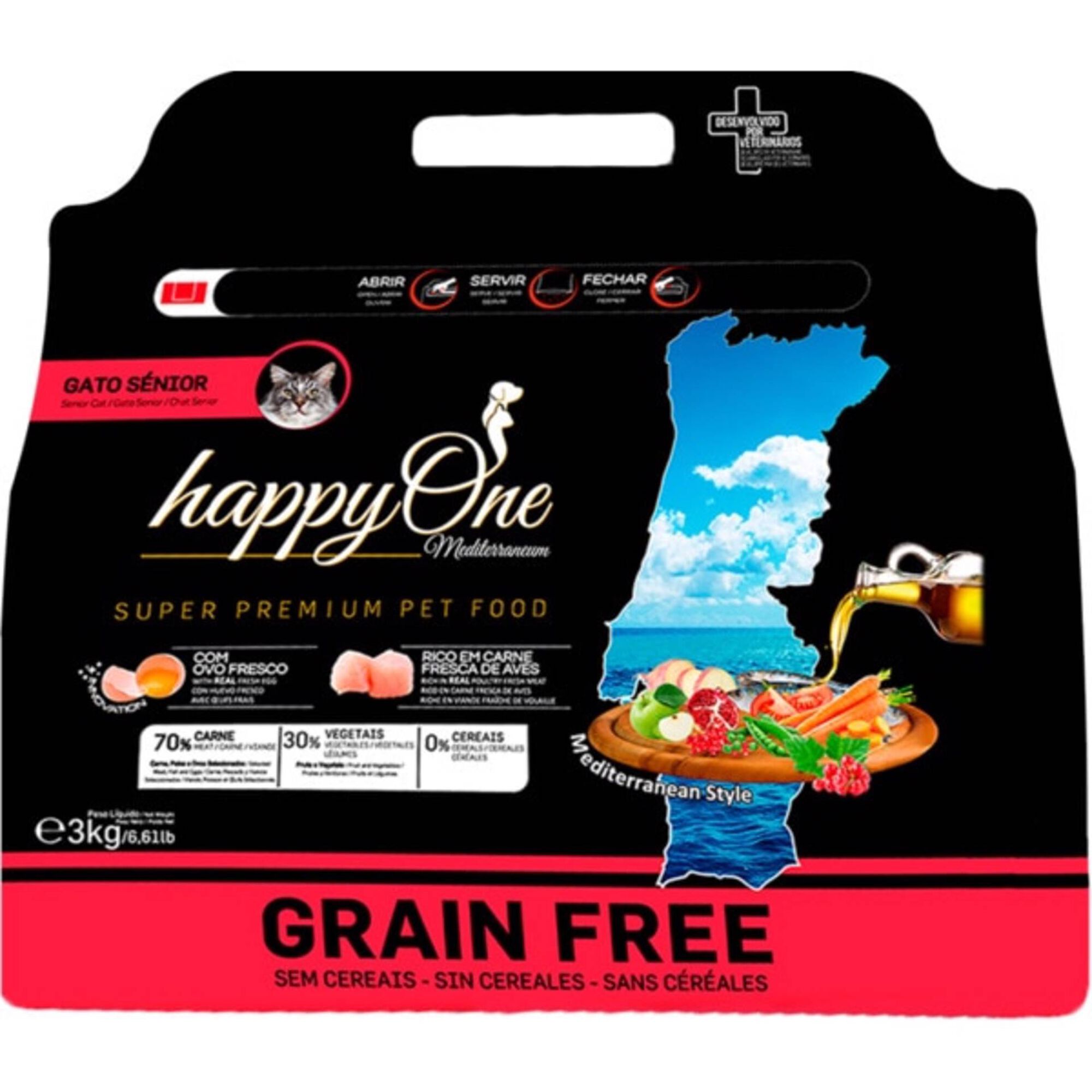 Ra&ccedil;&atilde;o para Gato S&eacute;nior Esterilizado Grain Free happyOne Mediterraneum