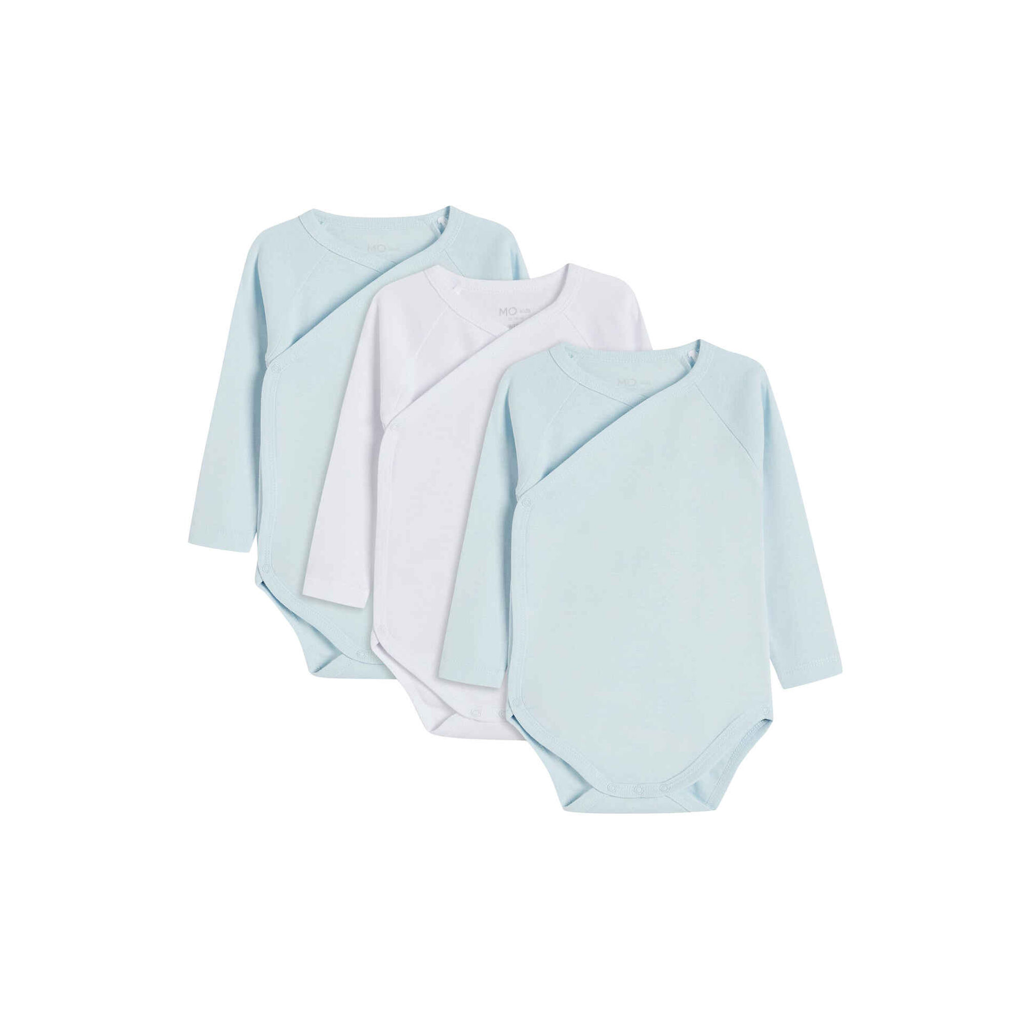 Conjunto 3 Bodies Quimono Bebé Azul e Branco 9/12 Meses