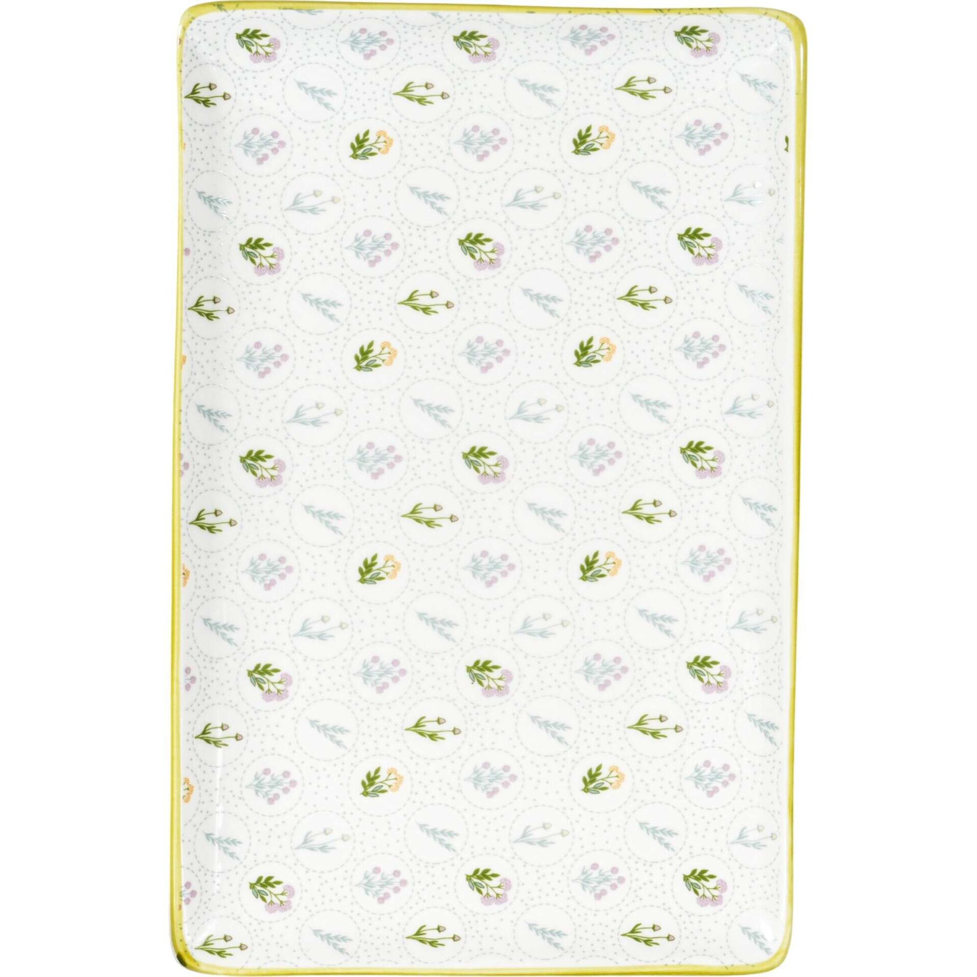 Travessa Retangular 25x16x2,2cm Cru com Flores Verdes Travessa Retangular 25x16x2,2cm Cru com Flores Verdes