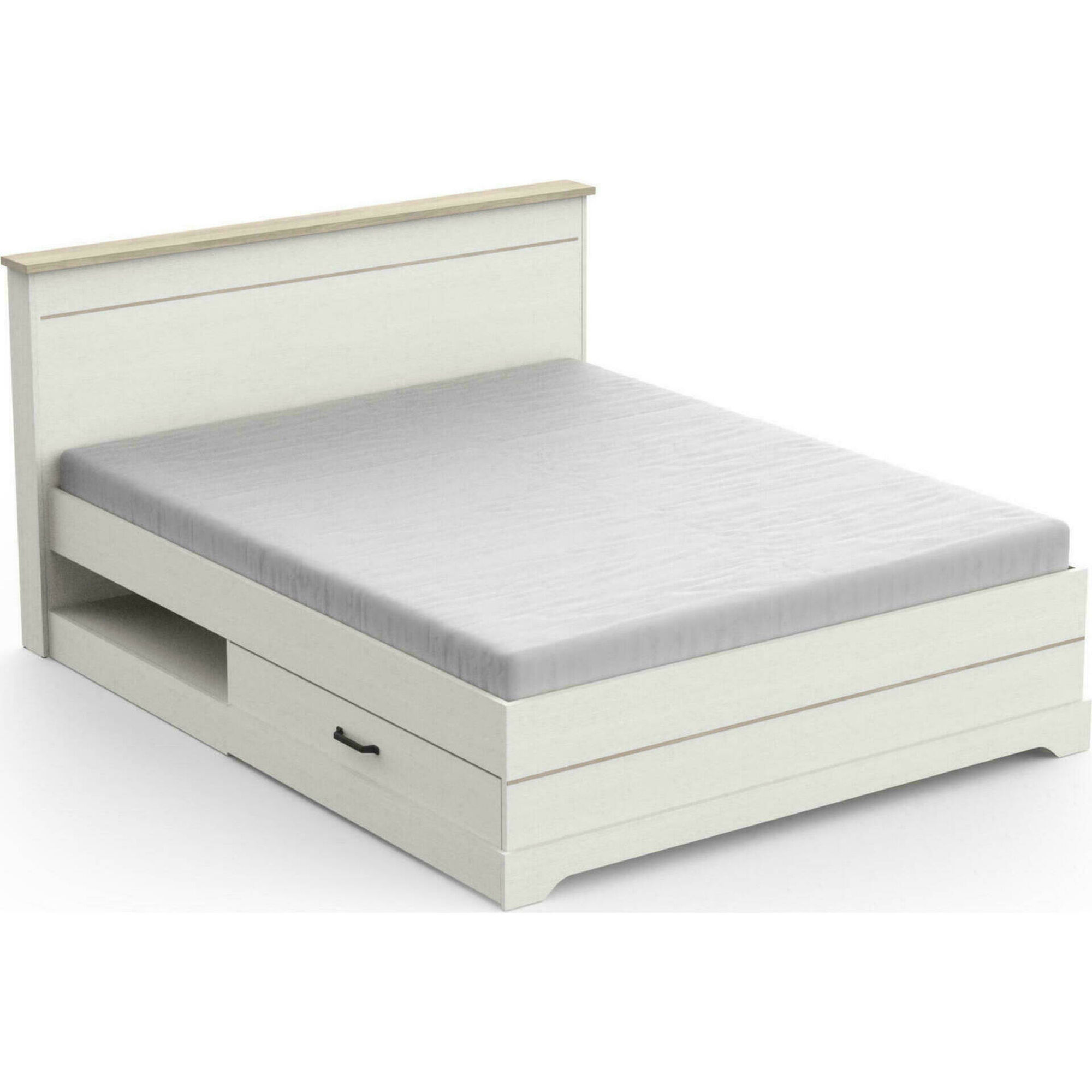 Cama Casal com 2 Gavetas 174x215x102cm Branca e Carvalho Cottage