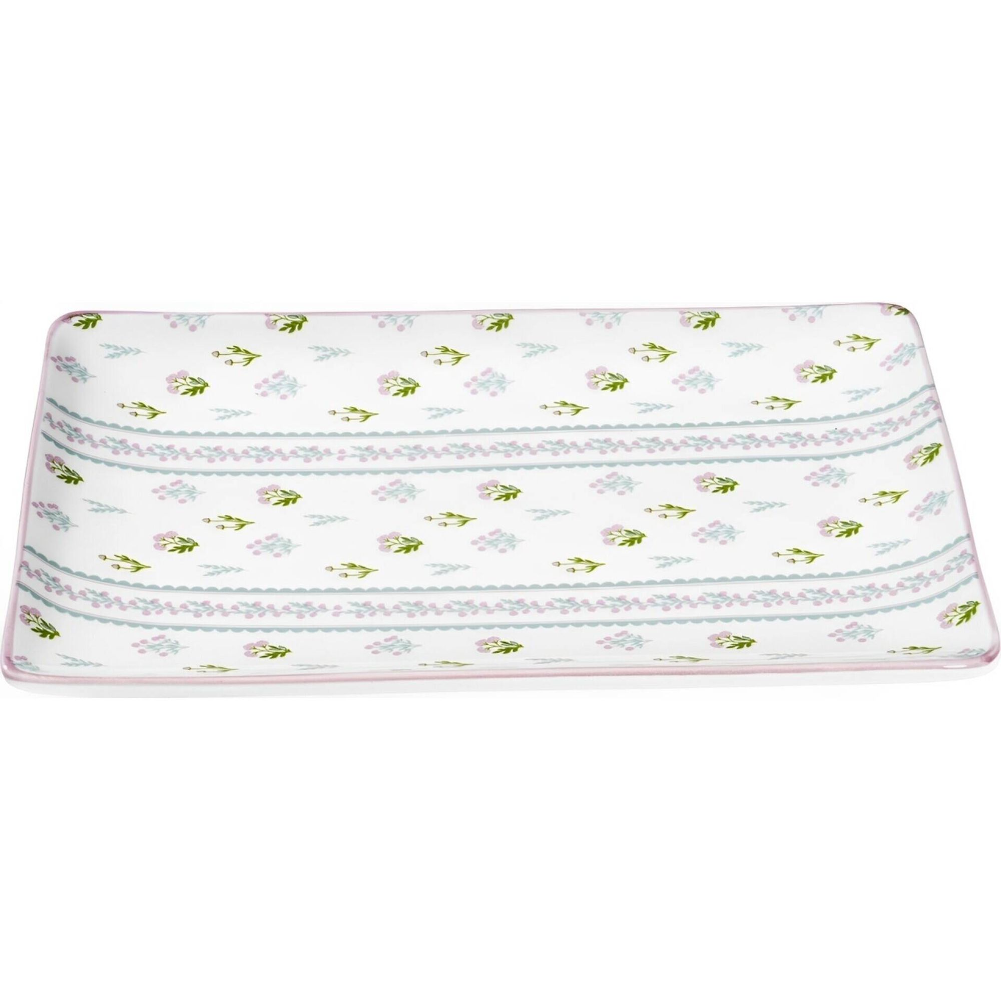 Travessa Retangular 25x16x2,2cm Cru com Flores e Risca Kasa