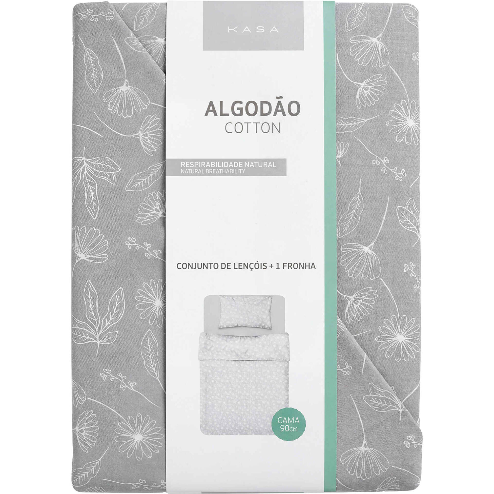 Conjunto de Len&ccedil;&oacute;is Algod&atilde;o Floral Cinza Kasa