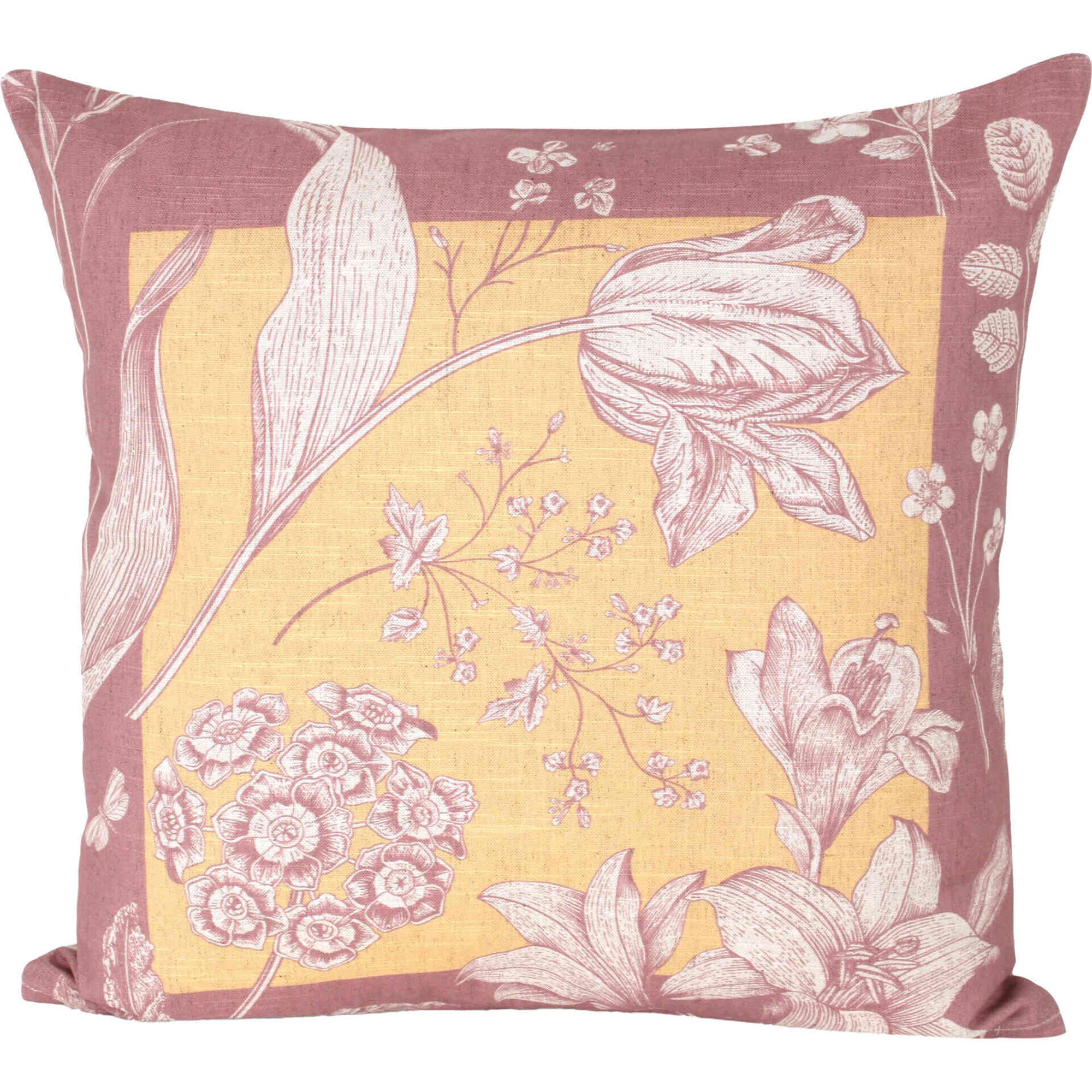 Almofada 45x45cm Flores Amarela com Rebordo Rosa