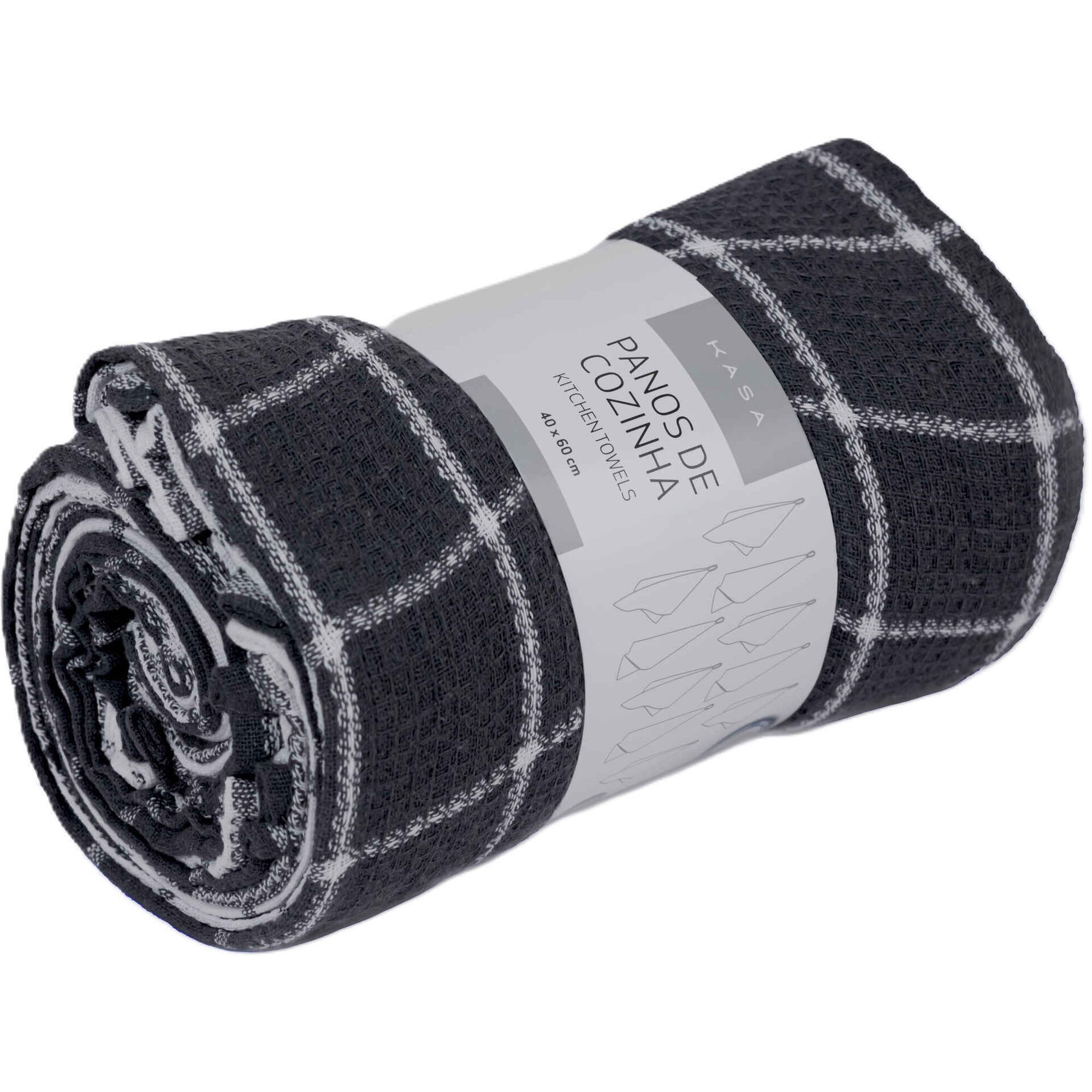 Conjunto 10 Panos Cozinha Algod&atilde;o 60x40cm Cinza e Branco