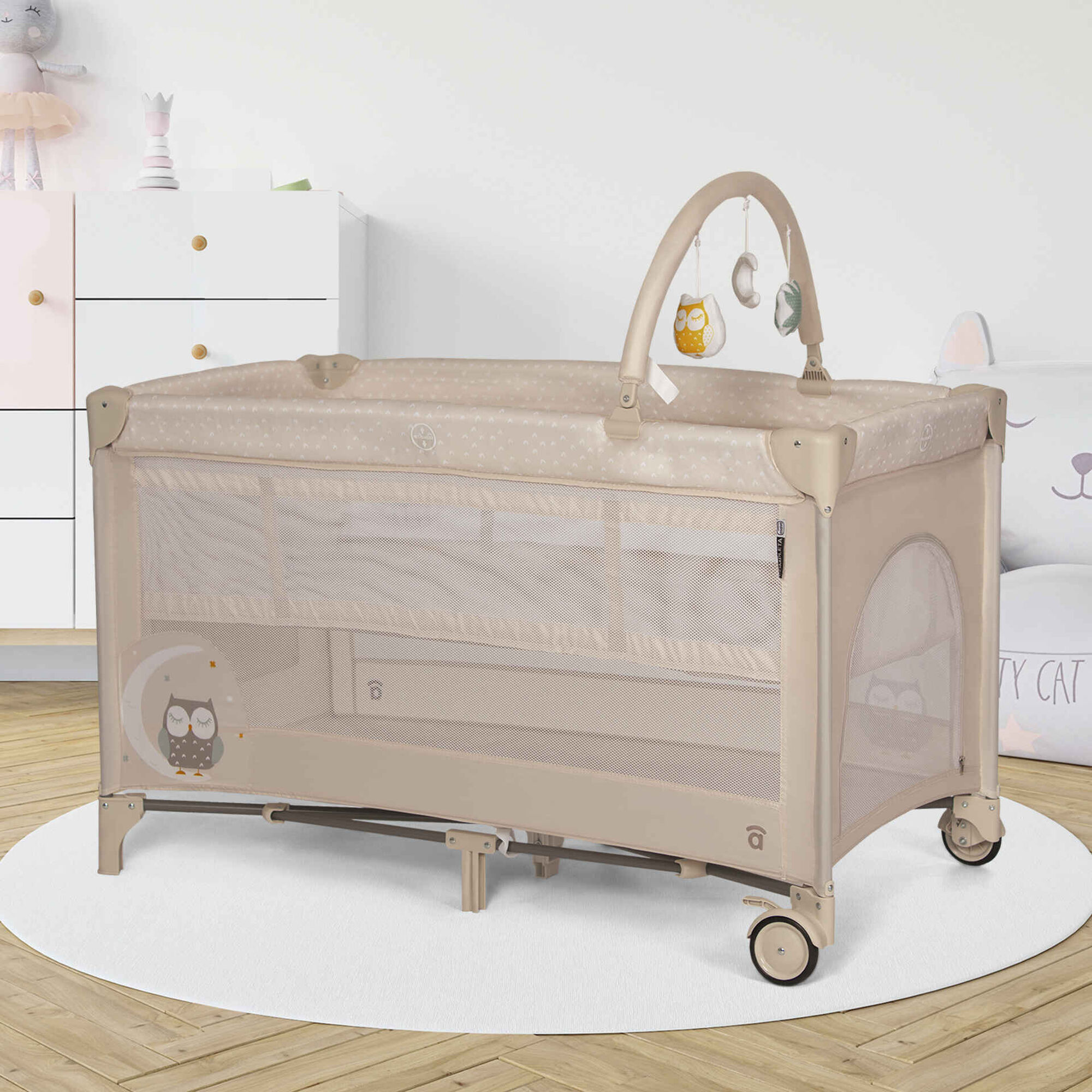 Cama de Viagem 2 N&iacute;veis Bege Coruja Complet Duo Asalvo