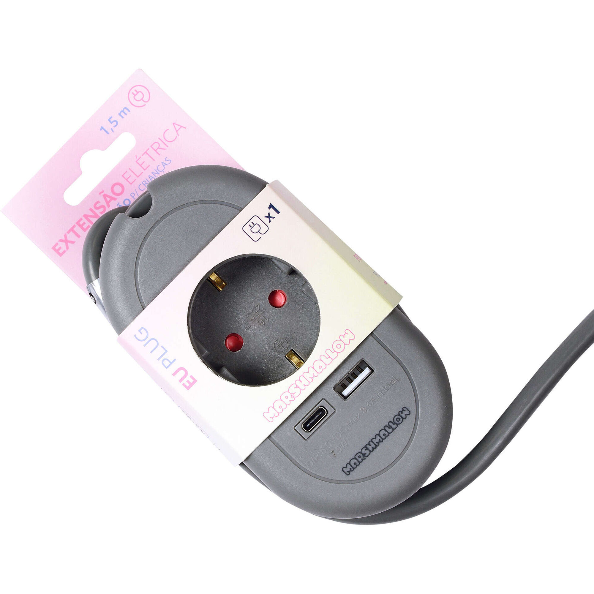 Bloco de Tomadas Travel com USB e USB-C Cinza Marshmallow