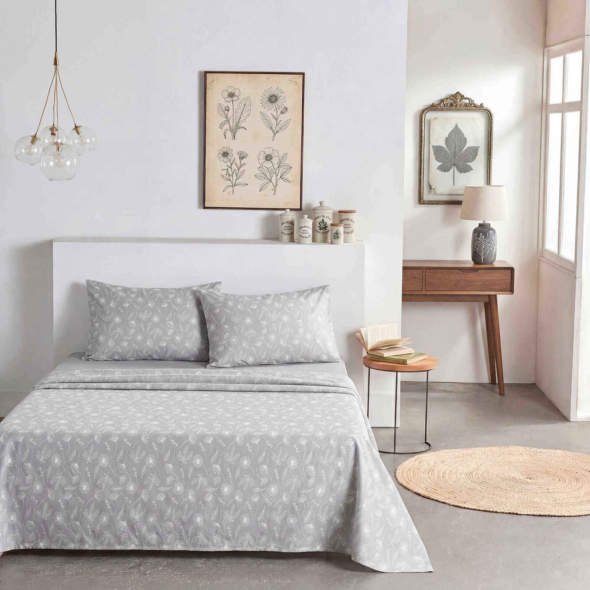 Conjunto de Len&ccedil;&oacute;is Algod&atilde;o Floral Cinza Kasa