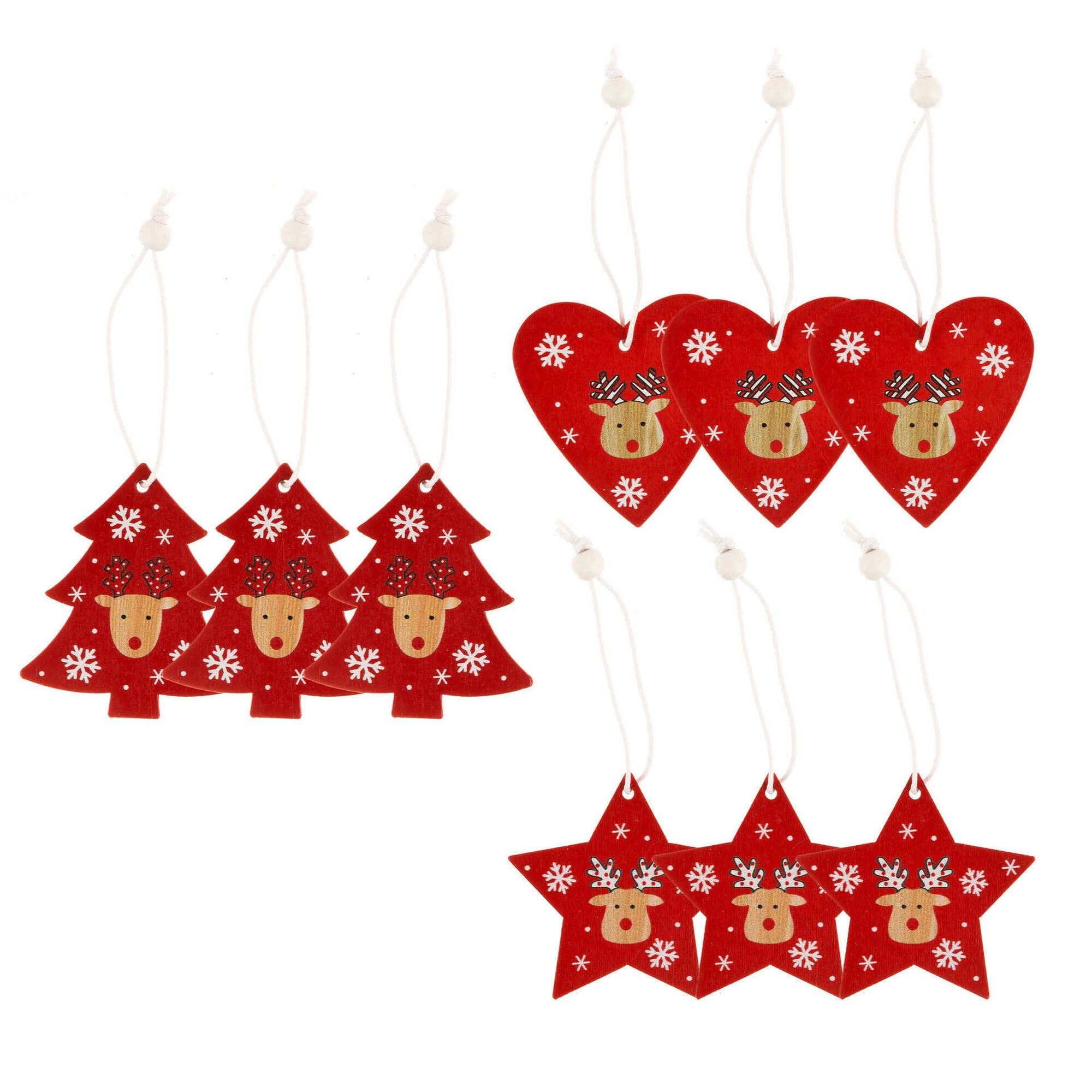Conjunto 9 Renas Madeira 6cm Vermelho e Branco