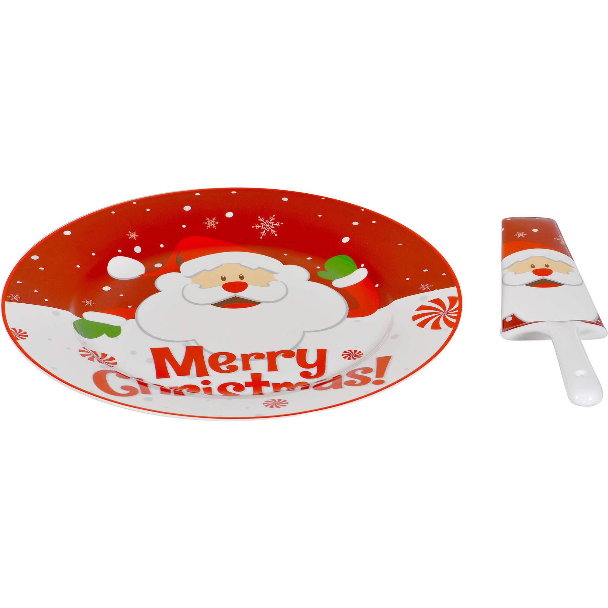 Prato Bolo Vermelho 27cm com Espátula Pai Natal