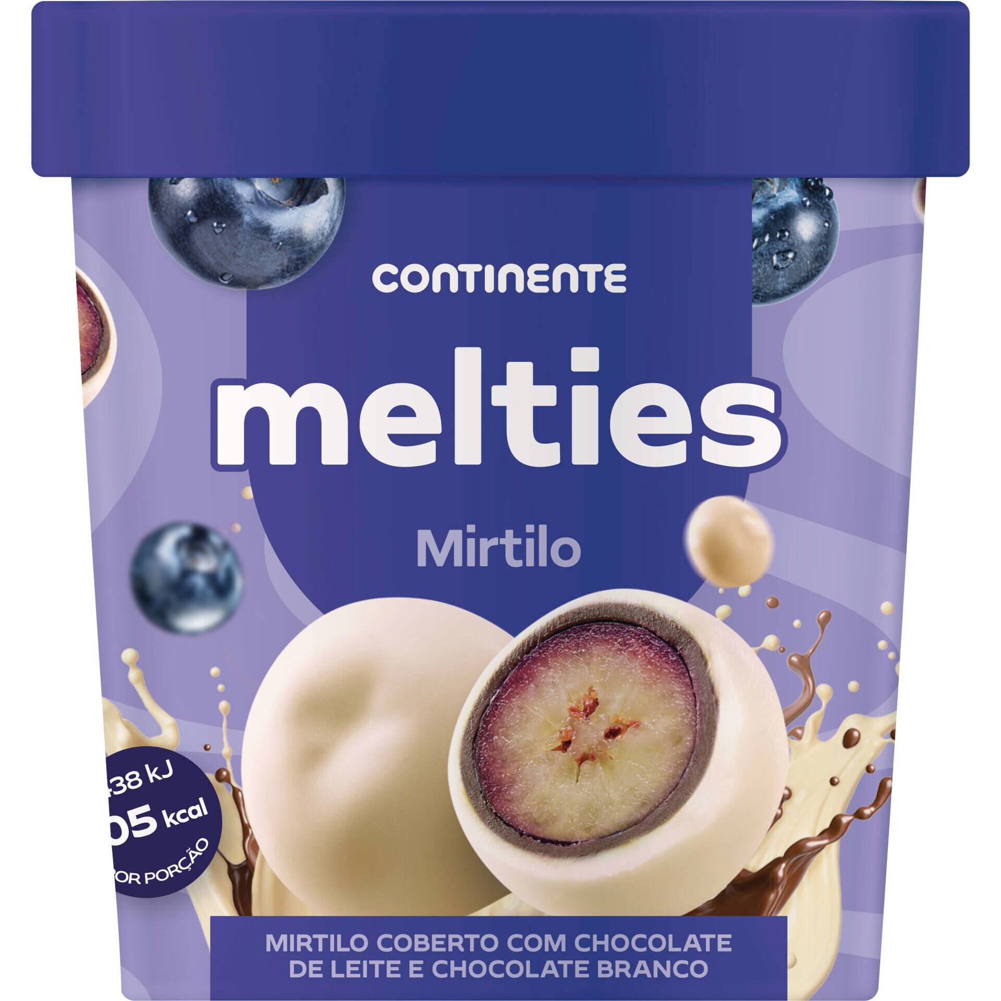 Melties de Mirtilo Coberto de Chocolate de Leite e Chocolate Branco Continente