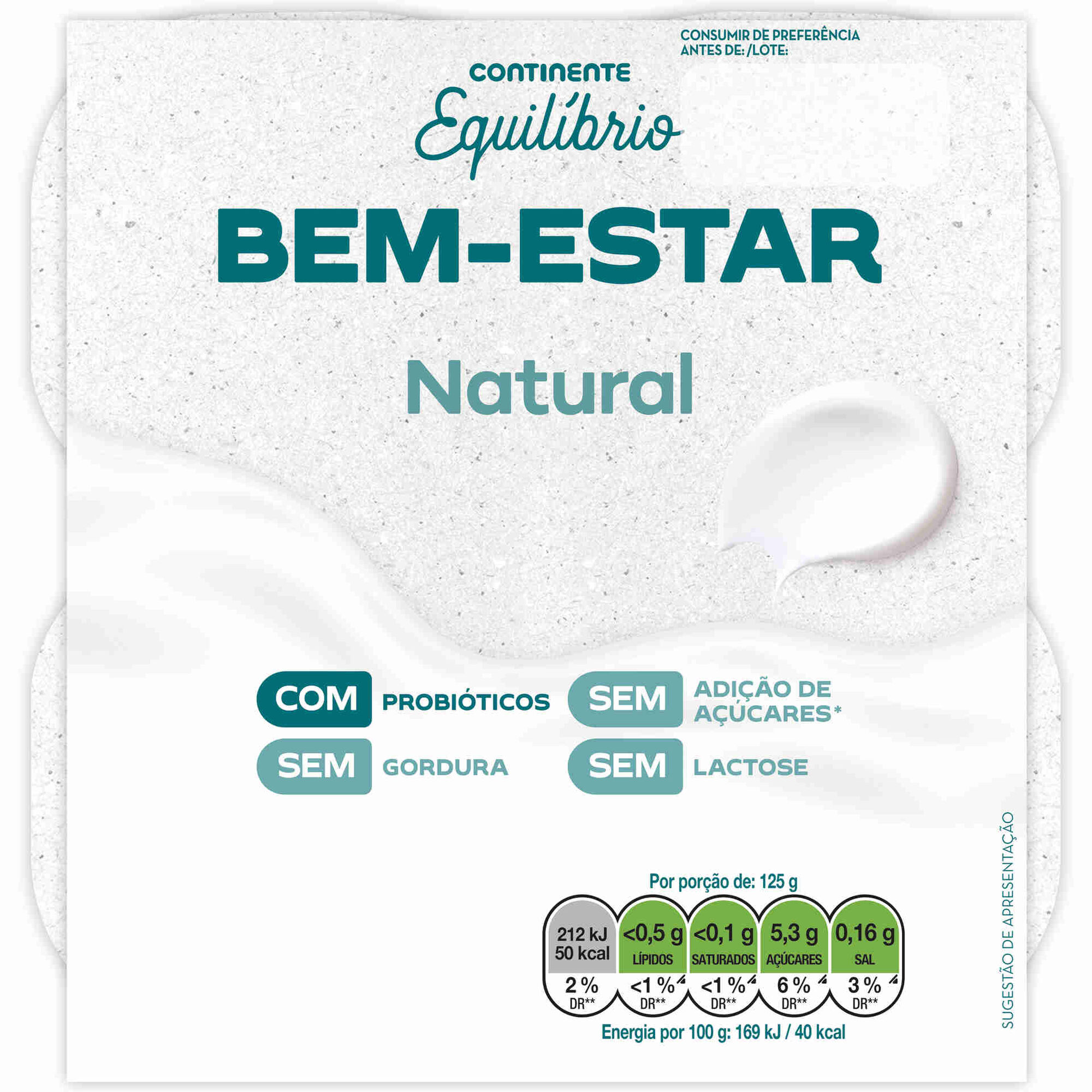 Iogurte Bem-Estar Natural sem Lactose Continente Equil&iacute;brio