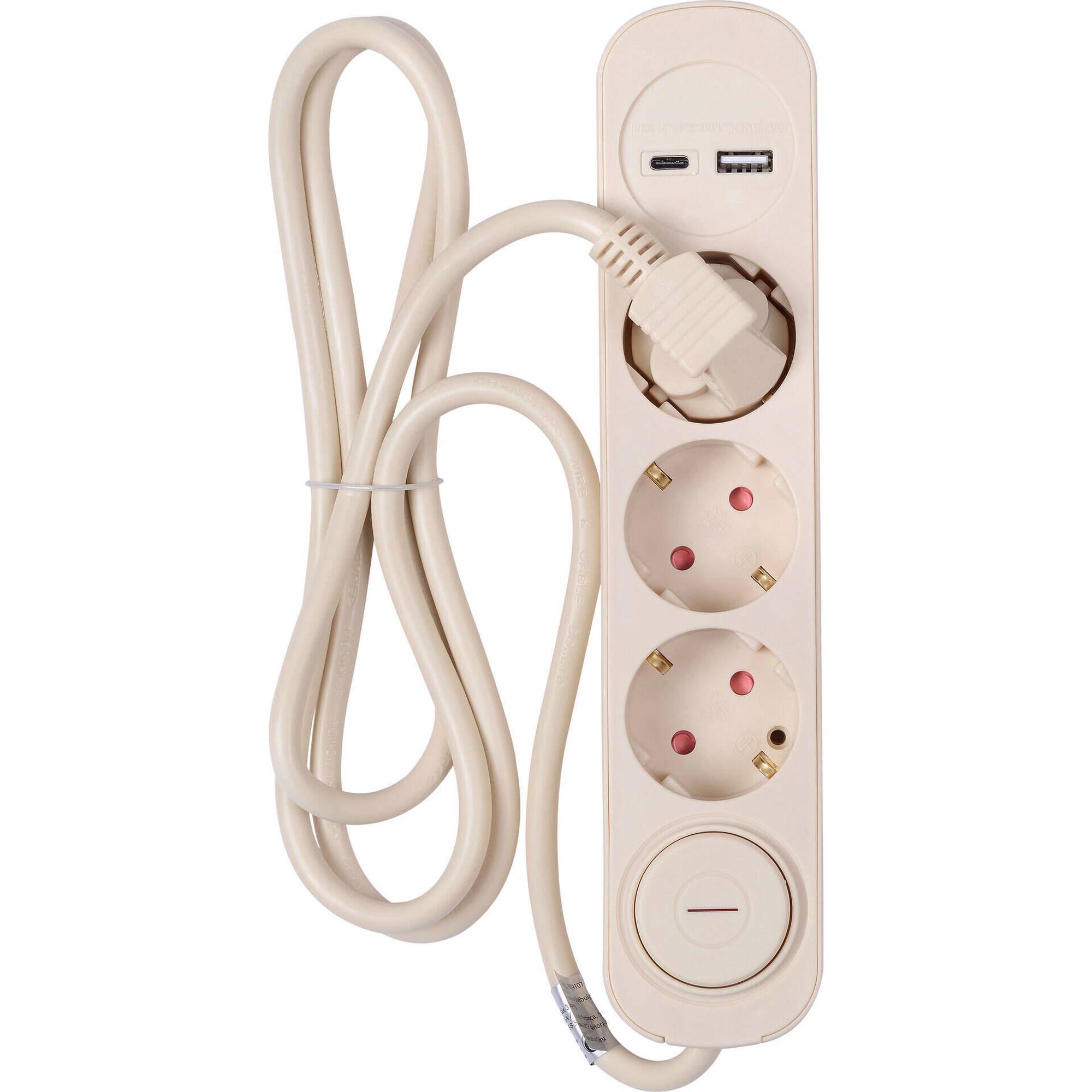 Bloco de 3 Tomadas com Interruptor USB e USB-C 1,5 m Bege Marshmallow