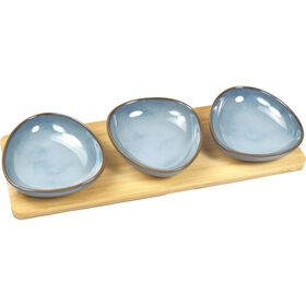 Conjunto 3 Taças 31x11x3,5cm Azul em Base de Madeira
