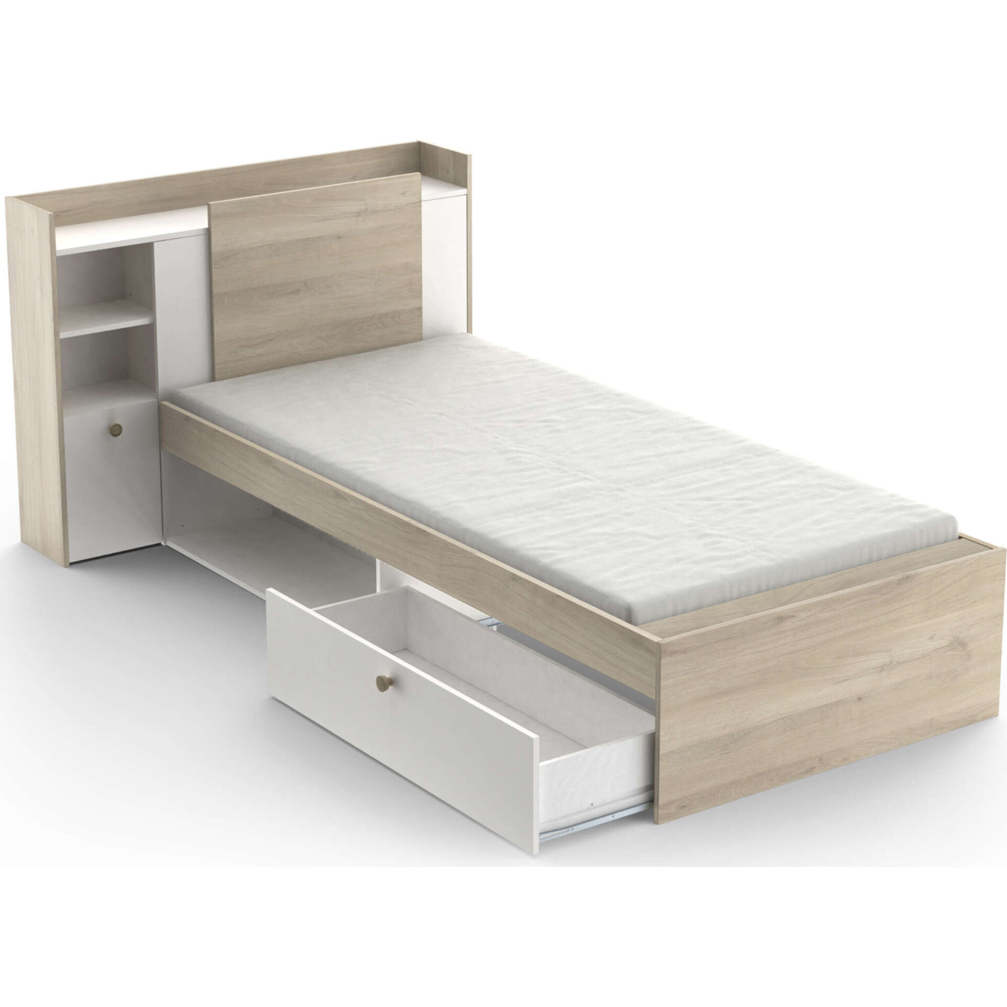 Cama Solteiro 125x227x91cm Branca e Carvalho Life