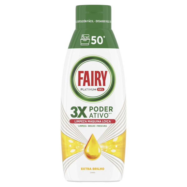 Detergente Máquina Loiça Gel Platinum Extra Brilho Limão Fairy