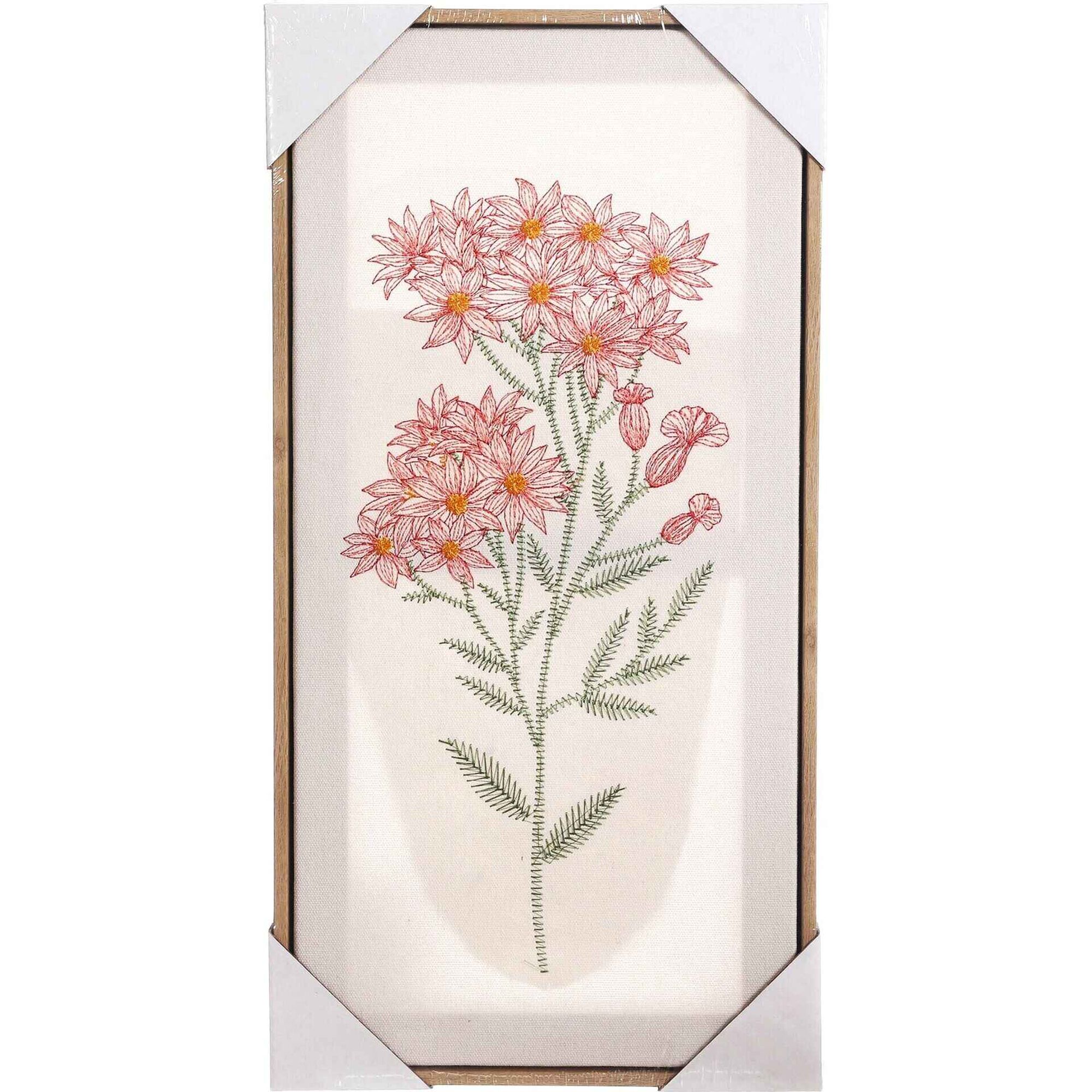 Quadro Decor 50x25cm Bordado Flores Rosa