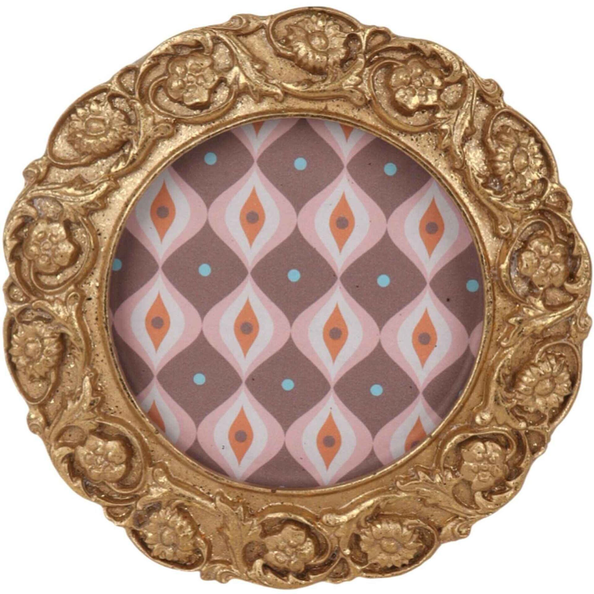 Moldura Redonda 8x8cm Dourada Flores Kasa