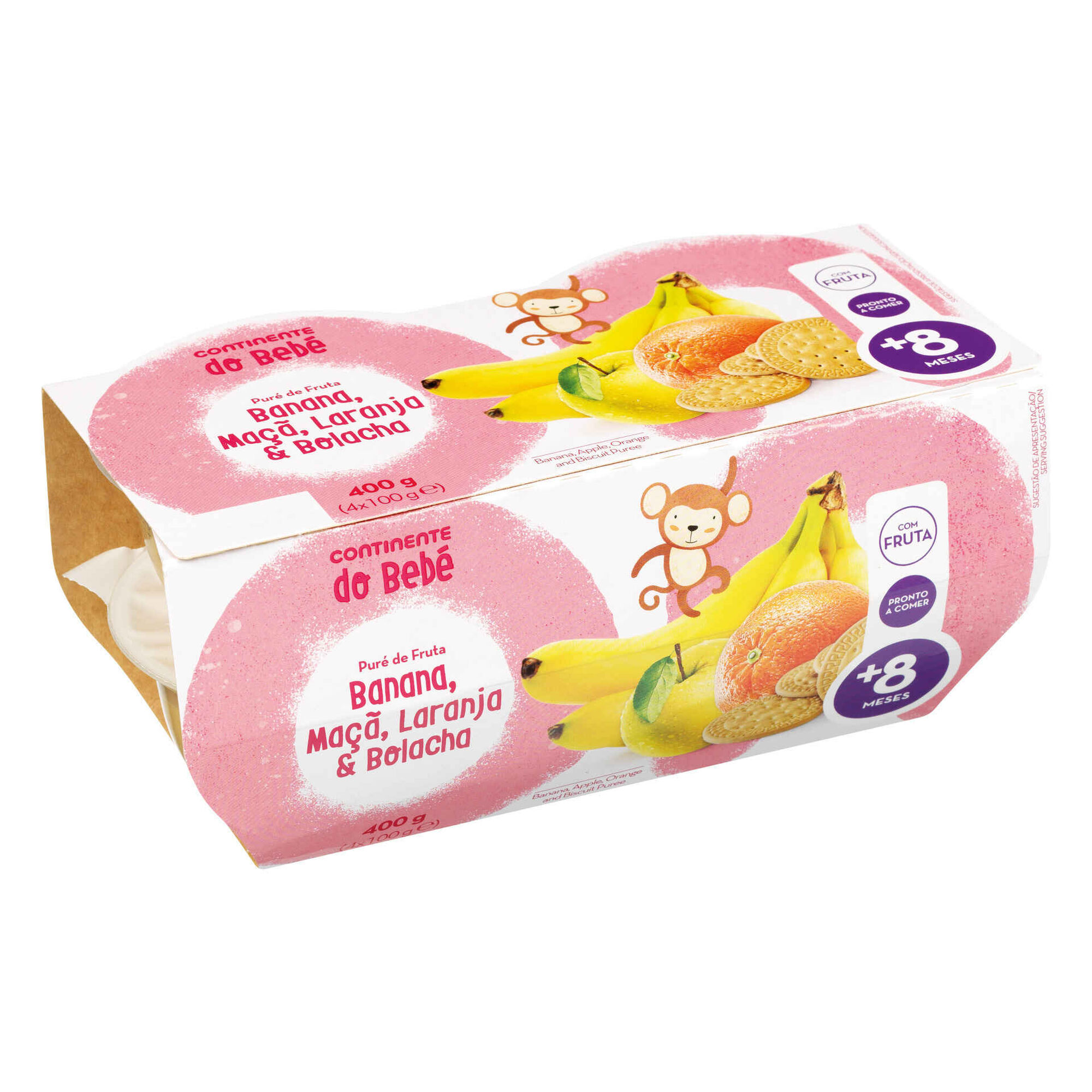 Puré de Fruta Banana, Maçã, Laranja e Bolacha +8M