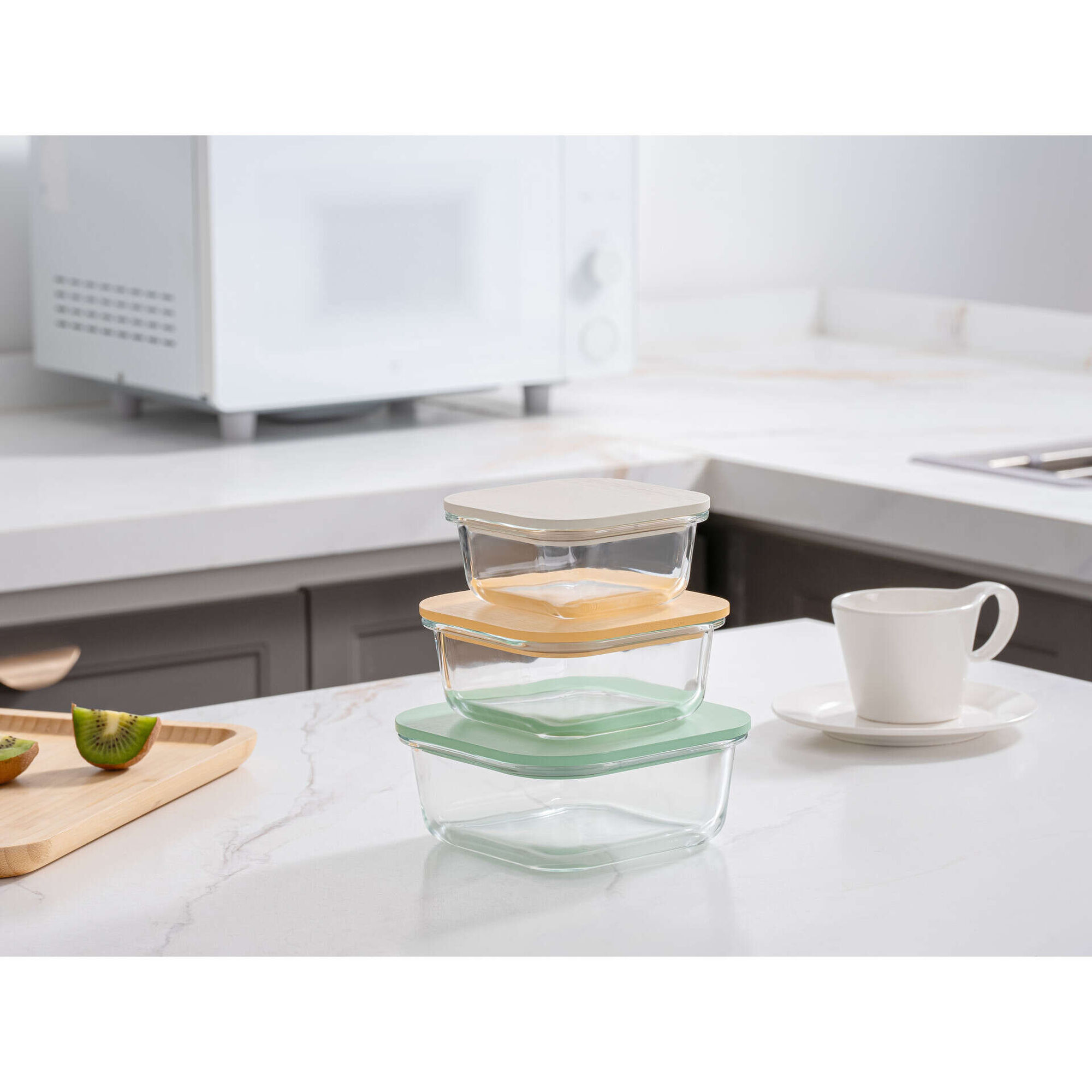 Conjunto de 3 Caixas Herm&eacute;ticas 15,6x15,6cm Vidro Bambu Colors Kasa