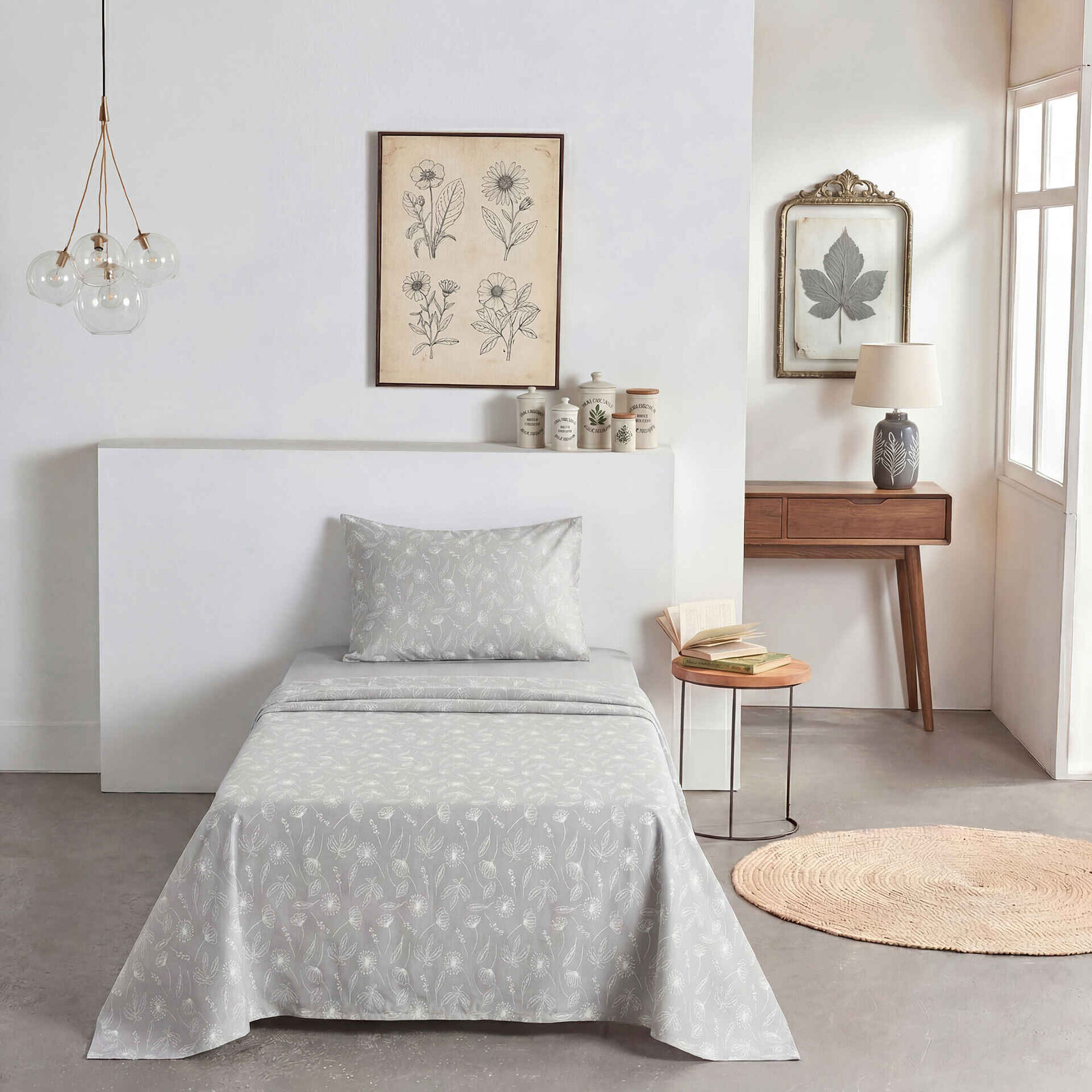 Conjunto de Len&ccedil;&oacute;is Algod&atilde;o Floral Cinza Kasa