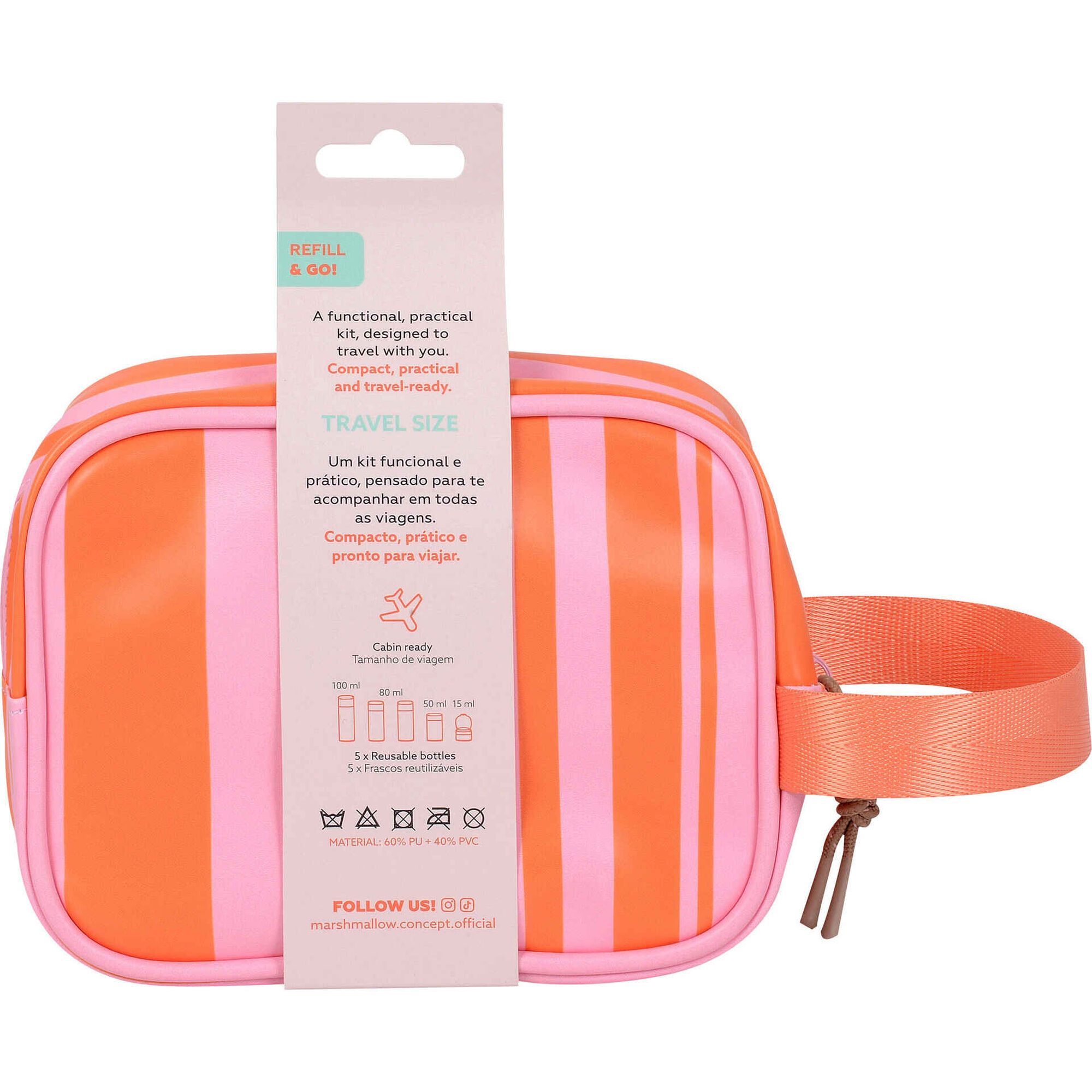 Conjunto Necessaire + 5 Frascos Reutiliz&aacute;veis Riscas Laranja e Rosa Marshmallow